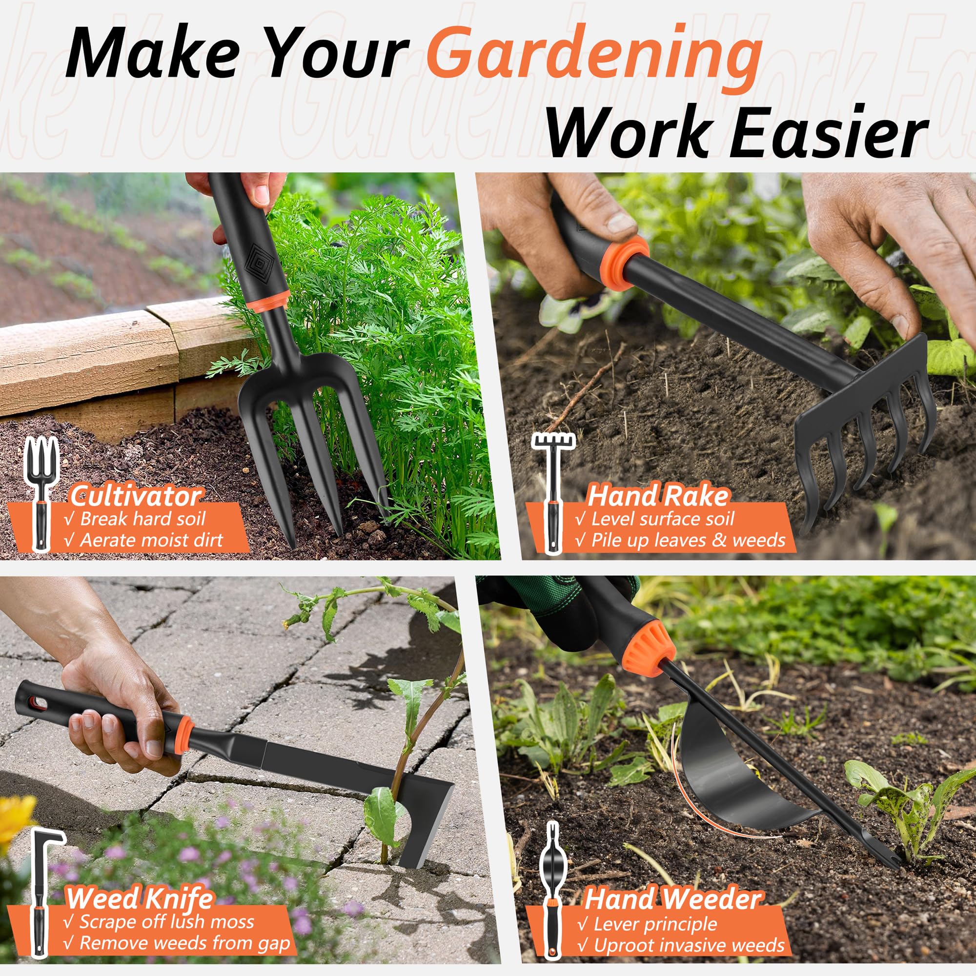 HaSteeL Garden Tools Set, 11 Pcs Gardening Supplies Hand Tool Kit for Women Men Gardeners, Include Tote Bag, Reportting Mat, Transplant Trowel, Rake, Pruner for Outdoors