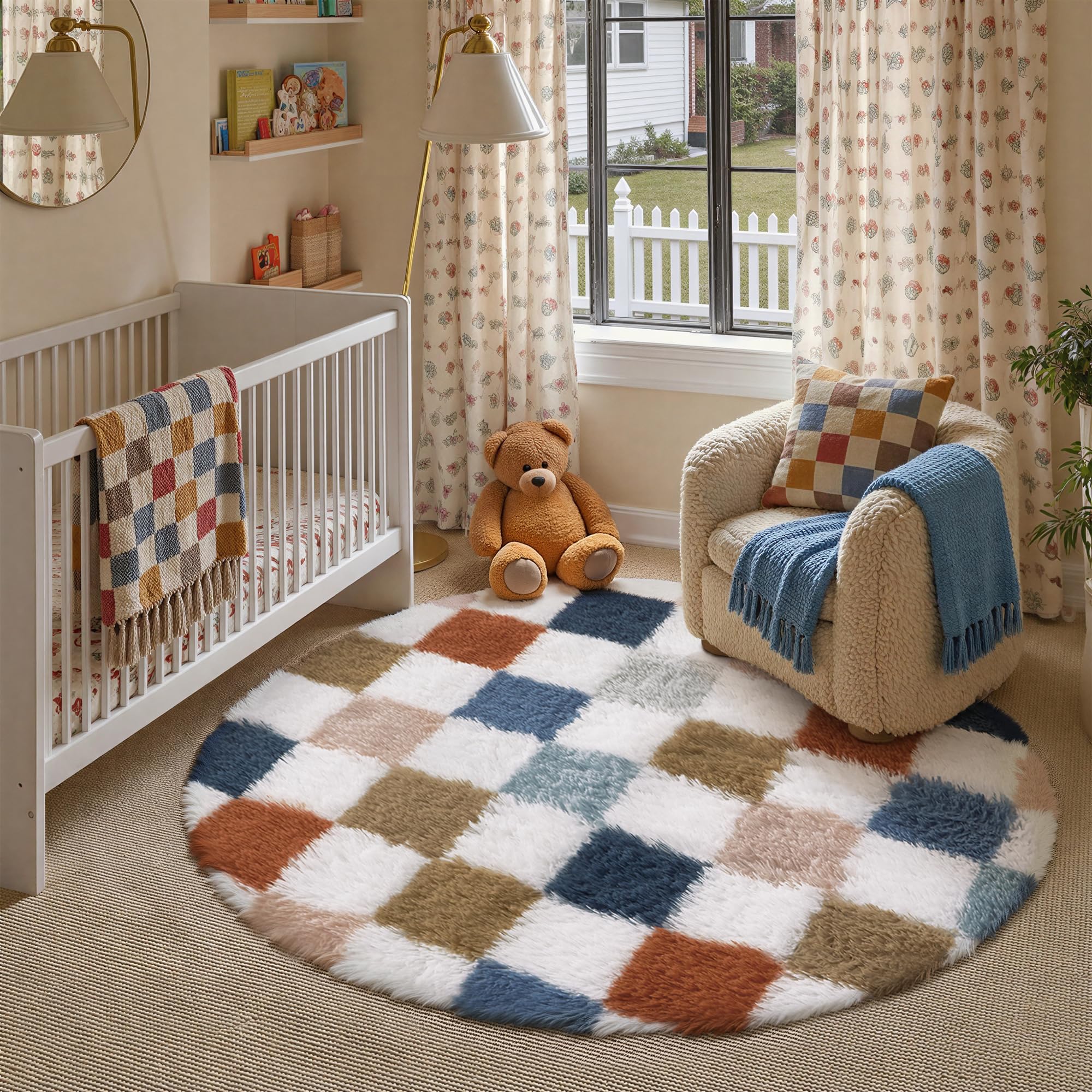 PureCozy Checkered Rug 4x4 for Living Room, Modern Rainbow Shag Rug Super Soft Washable Indoor Fuzzy Carpet Non-Slip Fluffy Rugs for Bedroom Home