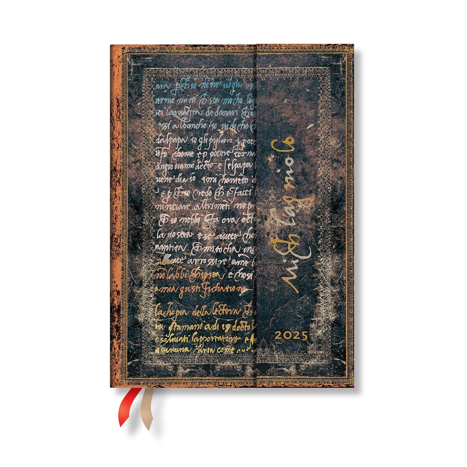 Paperblanks | 2025 Weekly Planner | Michelangelo, Handwriting | Embellished Manuscripts Collection | 12-Month | Midi | Horizontal | Wrap | 160 Pg | 100 GSM