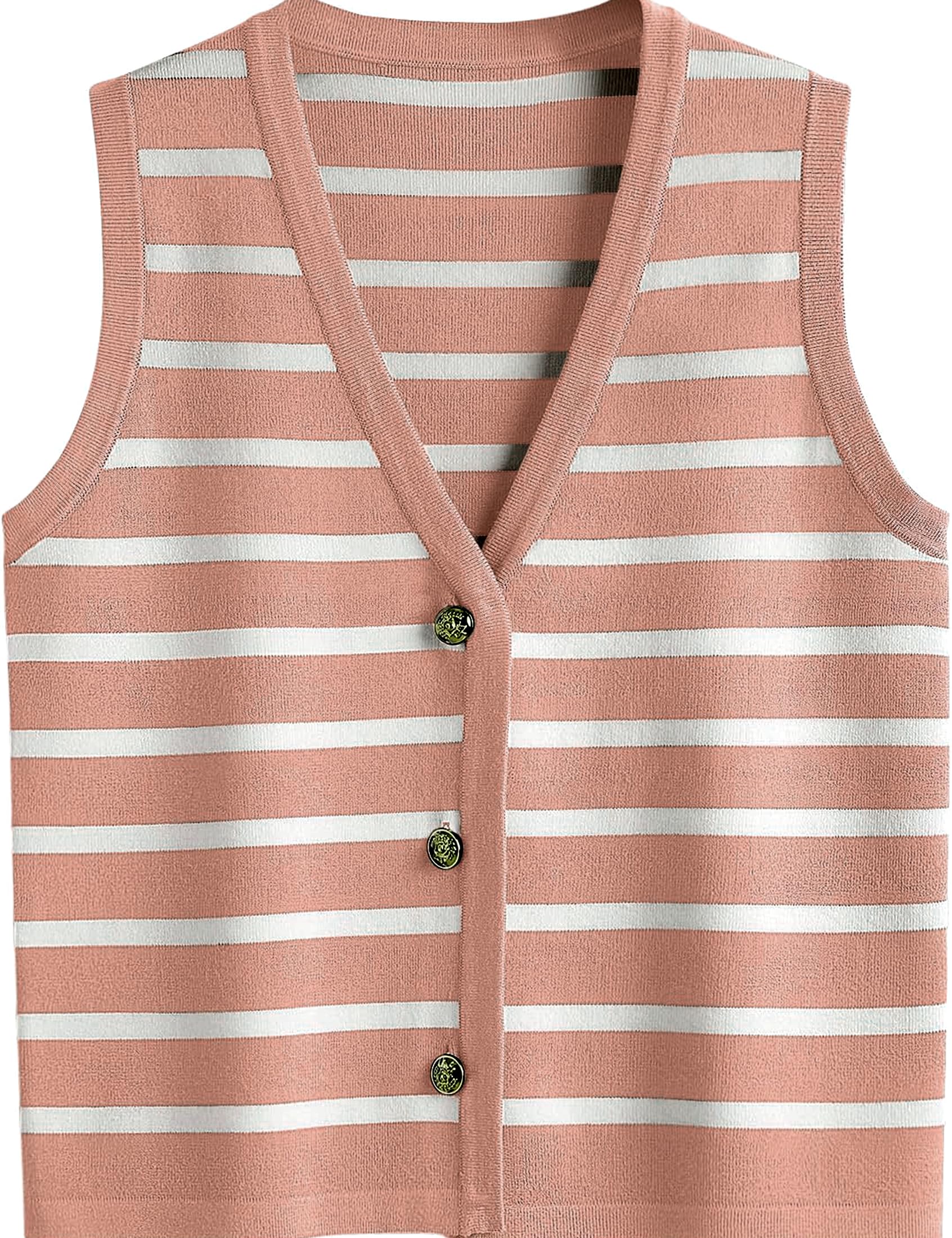 Women V Neck Sweater Vest Button Striped Knit Sleeveless Tops Summer Crop Crochet Tank Trendy Business Casual Outfits
