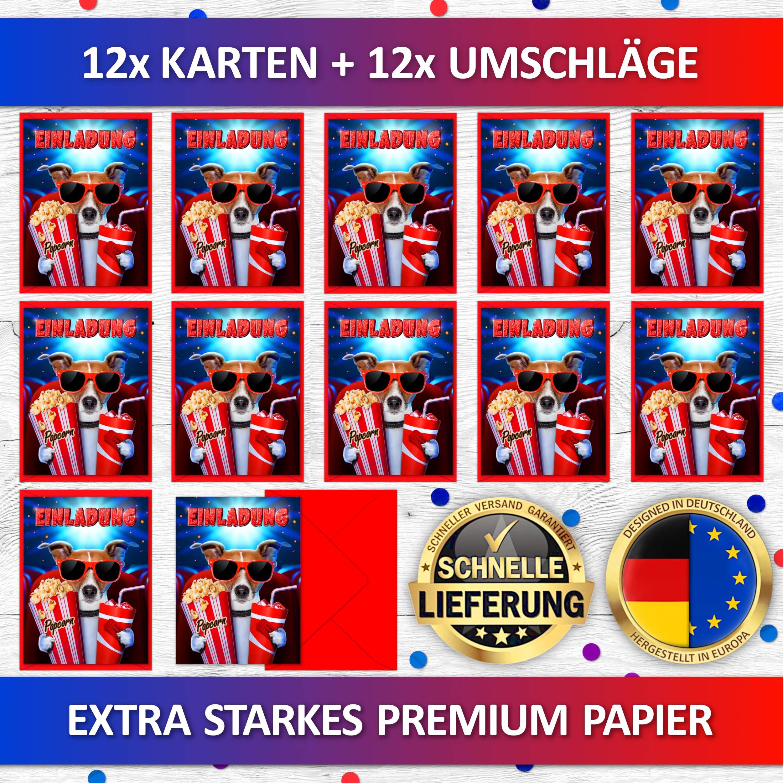 12 Biglietti D'Invito Per Festa Di Compleanno A Tema Cinema/Popcorn, Con 12 Buste E 12 Adesivi, Formato Cartolina A6, Stampa Lucida, Made In Germany - 4