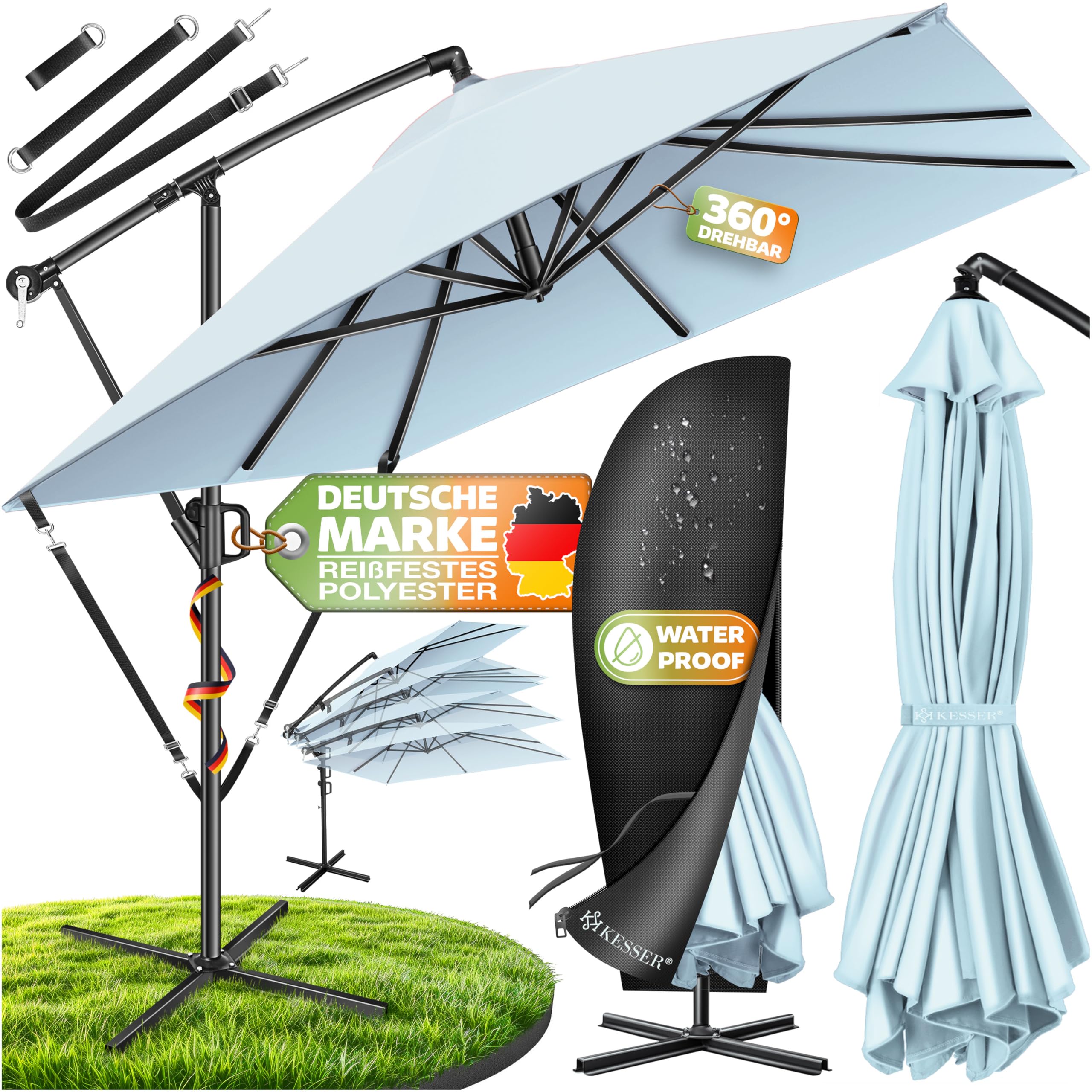 KESSER® Sonnenschirm 250x250cm, Kurbelschirm, Sonnenschirm Balkon, Garten, Sonnenschutz, Gestell & Ständer aus Alu + Kurbel, UV-Schutz, wasserdicht + Windfest, 360° Funktion + Schutzhülle, Hellblau