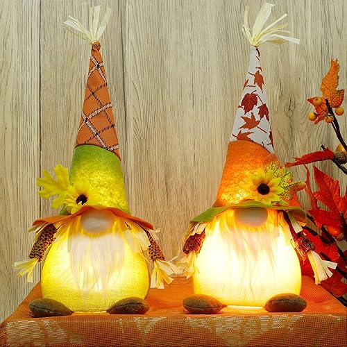 Miniatura 5 de winemana Thanksgiving Decorations Set of 2 Gnomes with LED Lights, Swedish Tomte Gnomes Dwarf Tabletop Decor for Fall Harvest Home Kitchen Decor
