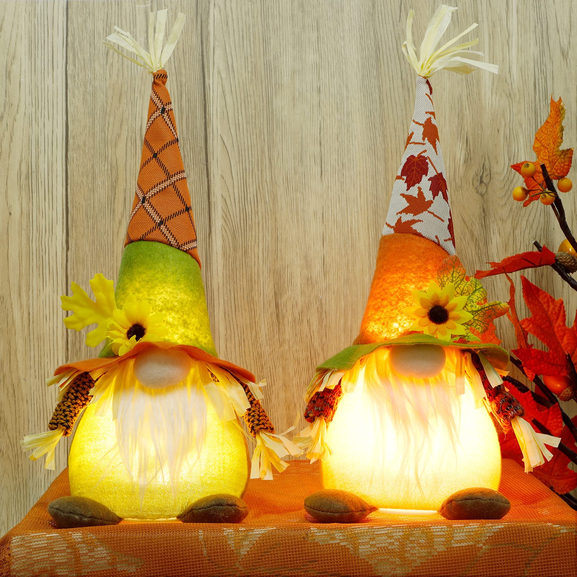 winemana Thanksgiving Decorations Set of 2 Gnomes with LED Lights, Swedish Tomte Gnomes Dwarf Tabletop Decor for Fall Harvest Home Kitchen Decor