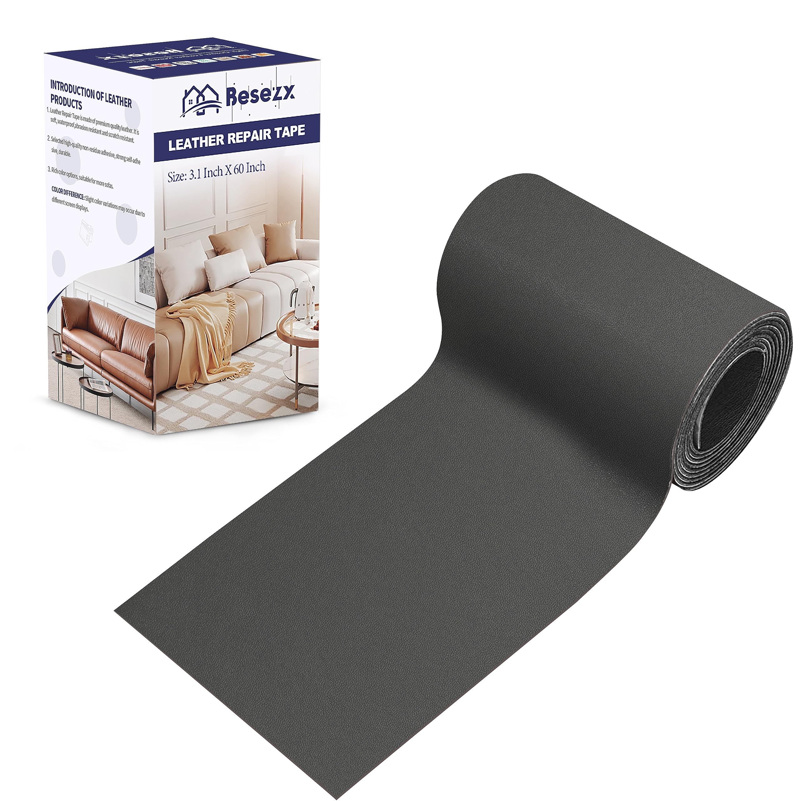 Leather Repair Patch Tape Kit, Self Adhesive Leather Repair for Furniture, Couch, Sofa, Car Seats,Office Chair,Vinyl Repair Kit.3.1inx60in