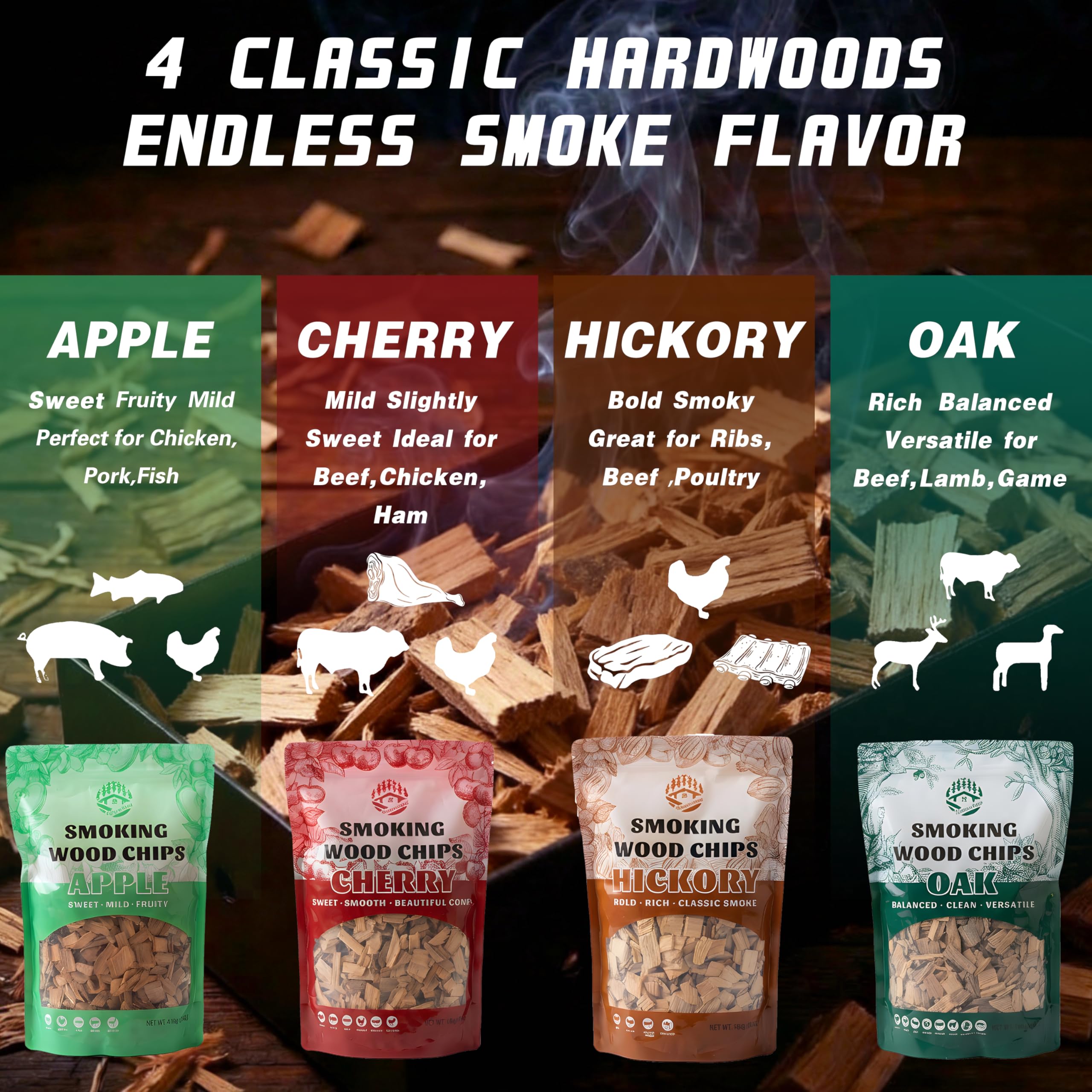 BBQ Holzspäne für Smoker Variety Pack, 4 Geschmacksrichtungen: Apfel, Eiche, Hickory & Kirsche, 0,7 kg pro Beutel, natürliche Räucherholzspäne für BBQ, Grillen, Gas- & Holzkohlegrill, Kochen im Freien