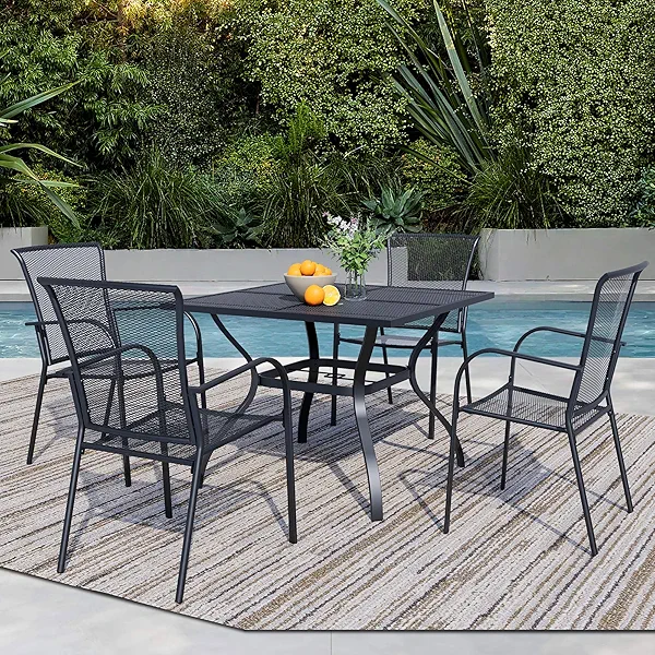 5 Piece Outdoor Dining Set, Patio Table and Chairs Set of 4, 37.5" Black Square Patio Table with 4 Metal Stackable Patio Chairs for Lawn, Garden, Porch