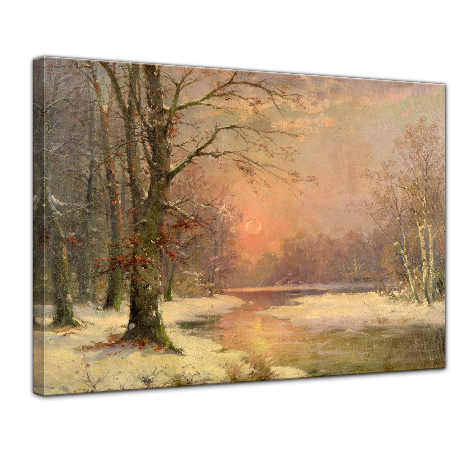 Bilderdepot24 Bild auf Leinwand | Adolf Kaufmann Sonnenuntergang in Winterlandschaft in 70x50 cm als Wandbild | Wand-deko Dekoration Wohnung alte Meister | 180819-70x50