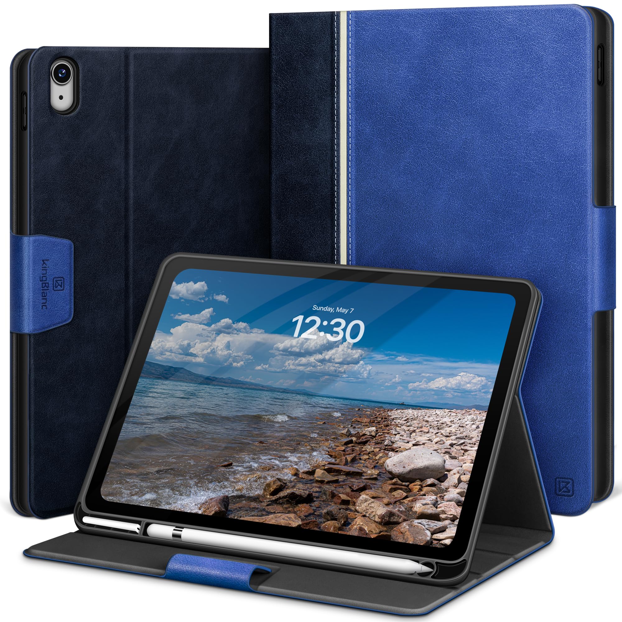 KingBlanc Case for iPad (A16) 11th/10th Generation (2025/2022, 11/10.9-inch) with Built-in Pencil Holder, Vegan Leather Protective Smart Stand Cover, Auto Sleep Wake, Multi-Angle Viewing, Blue
