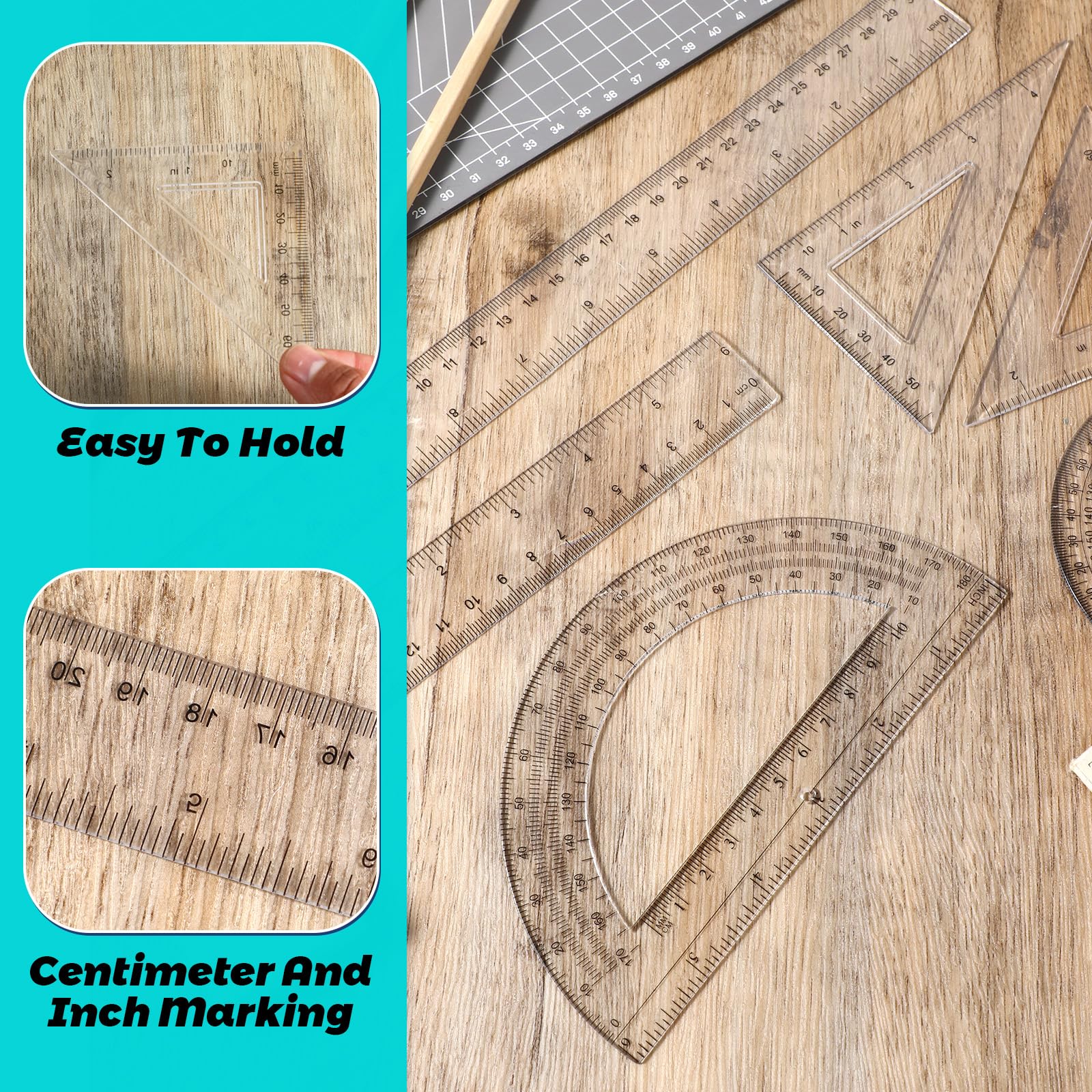 6PCS Small Clear Ruler 1 Set Plastic Geometry Set Includes 12 Inch 6 Inch Student Transparent Straight Rulers, 6" 4" Math Protractor, 30/60 and 45/90 Triangle Kids Ruler for School Office Supplies - Image 4