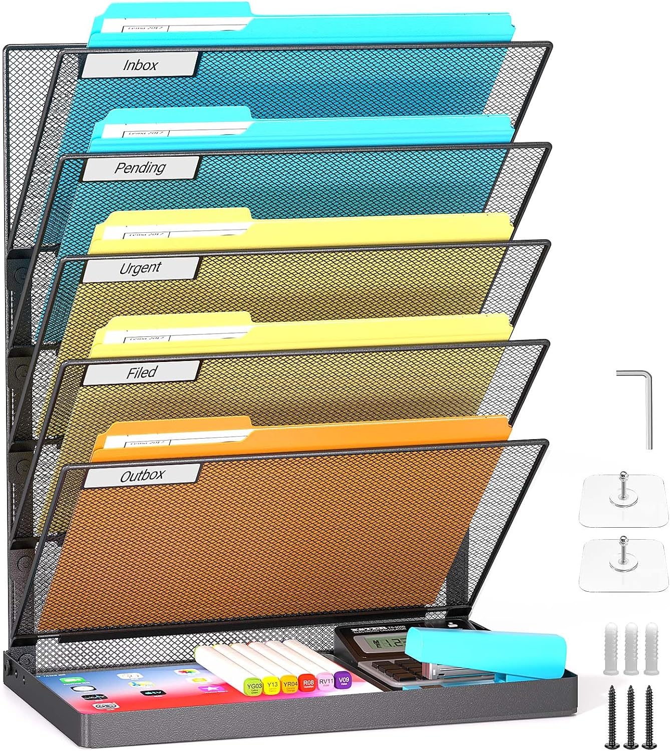 TOPCJ Legal/Letter Size 6 Tier Wall File Organizer,2-in-1 Wall Mounted&Desktop File Holder,2 Installation Methods Screws & Adhesive,Mesh Document Organizer with Label Plate for Home Office