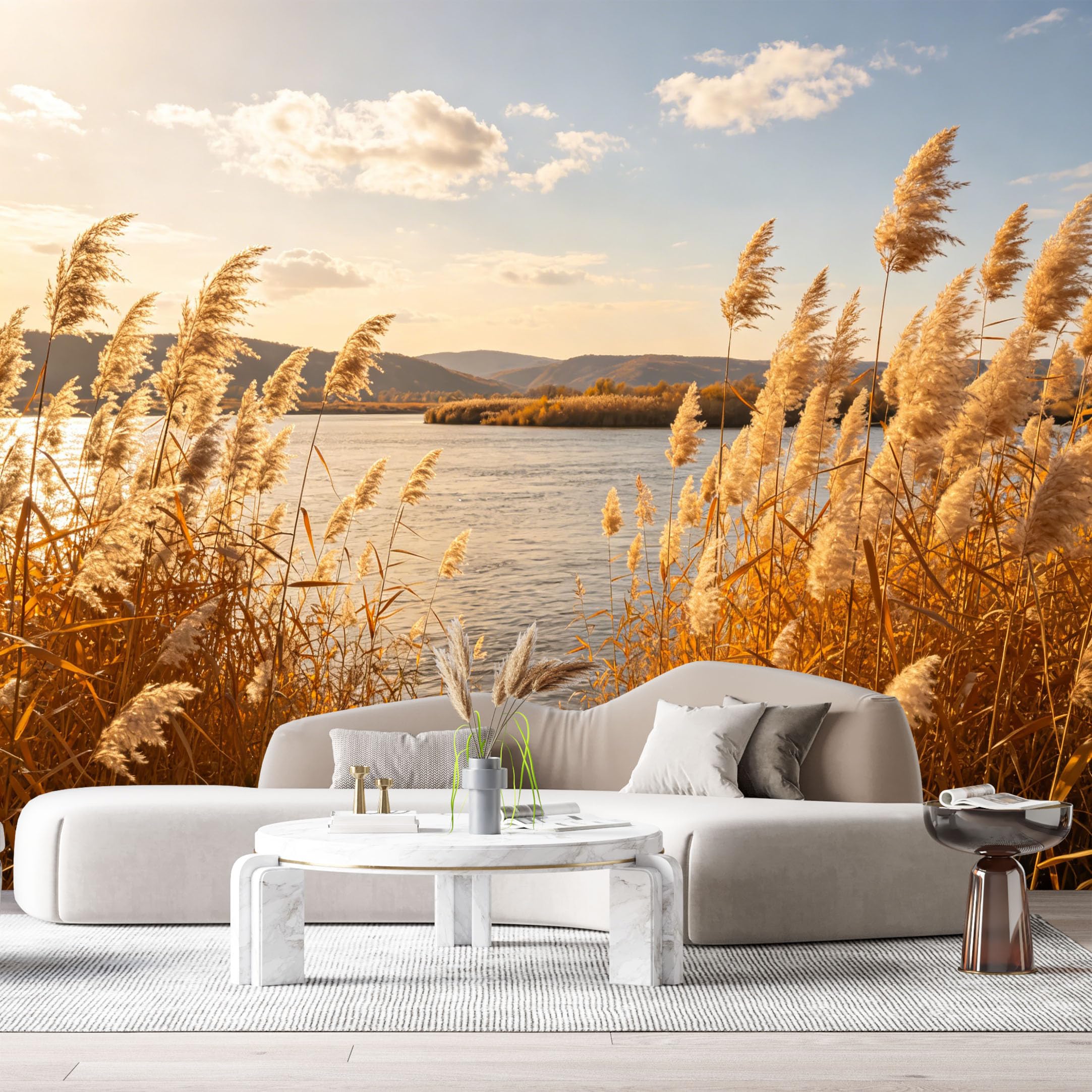 Custom Size Wall Murals Sunset Lake Landscape Golden Reeds Mountains Water Reflection SelfAdhesive Wall Fabric Removable Large Wallpaper for Photo Living Room