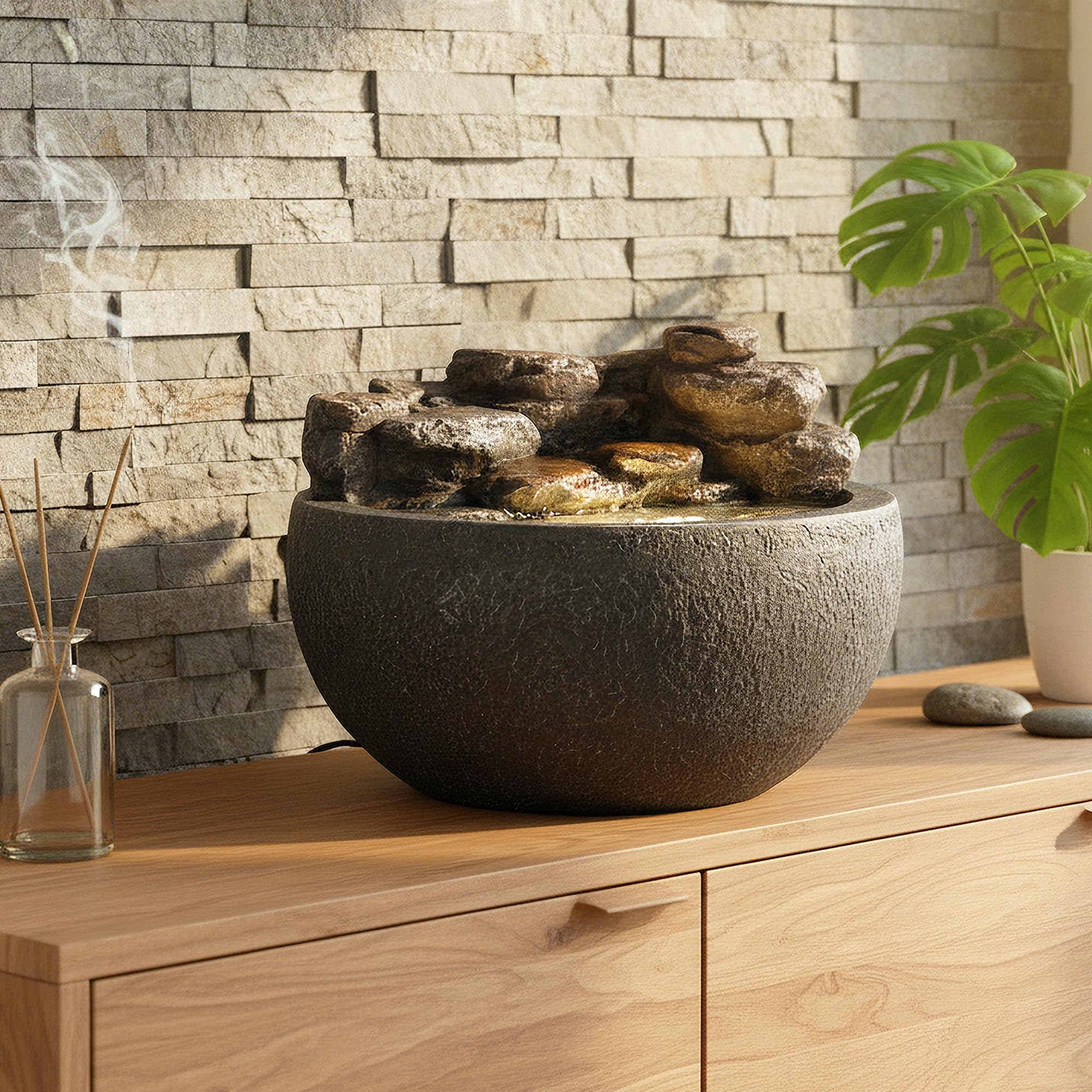 LED Zimmerbrunnen & Gartenbrunnen in Steinoptik Ø 42 cm – mit warmweißer Beleuchtung, Wasserfall & 450 L/h Pumpe – Indoor & Outdoor Deko Brunnen aus Polyresin, Komplett-Set mit Netzteil