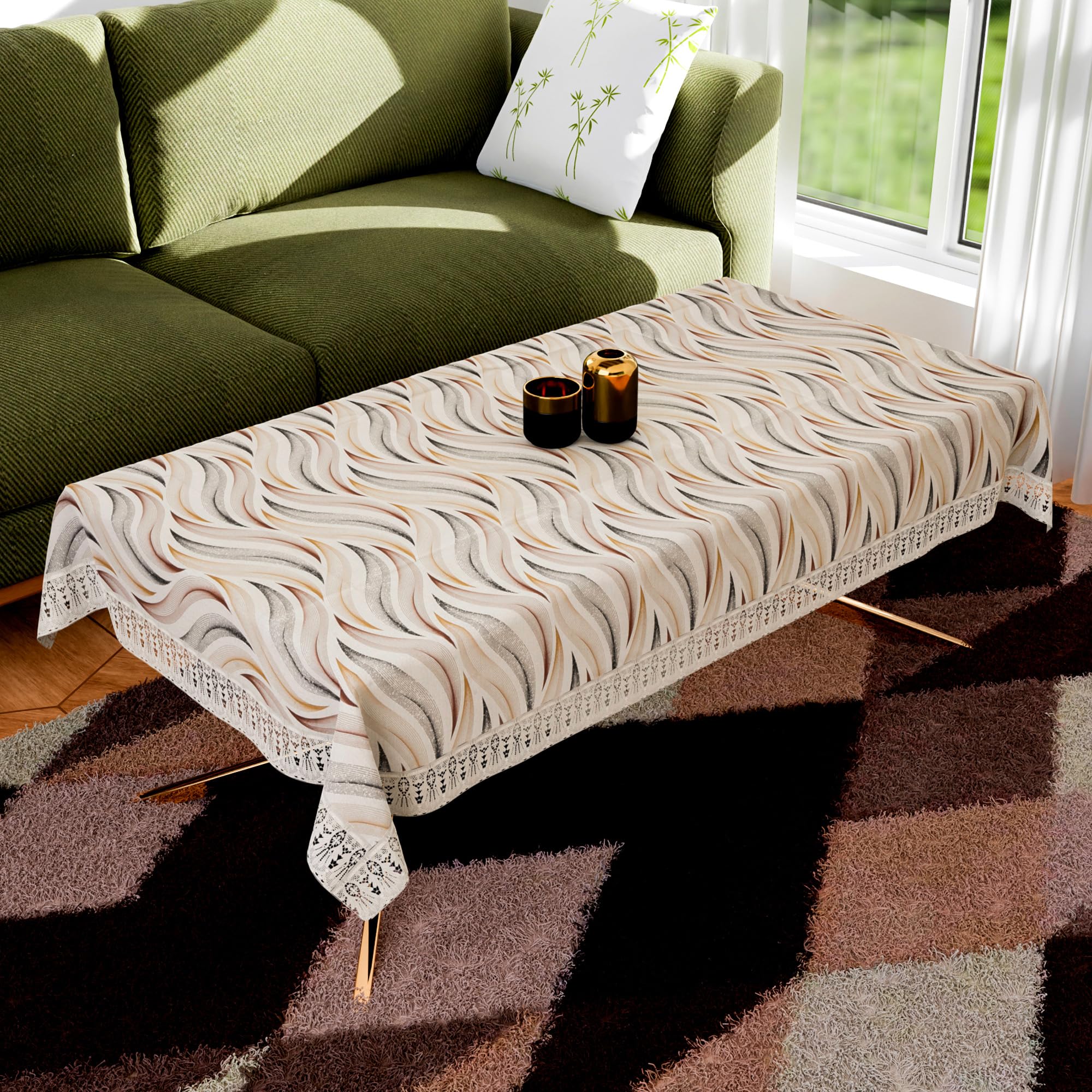 Kuber Industries Center Table Cover | 40x60 Inch | Indoor & Outdoor Table Cover | 4 Seater Table Cover | Coffee Table Cover | Table Protector Cover | Wave Print | CTC | Cream