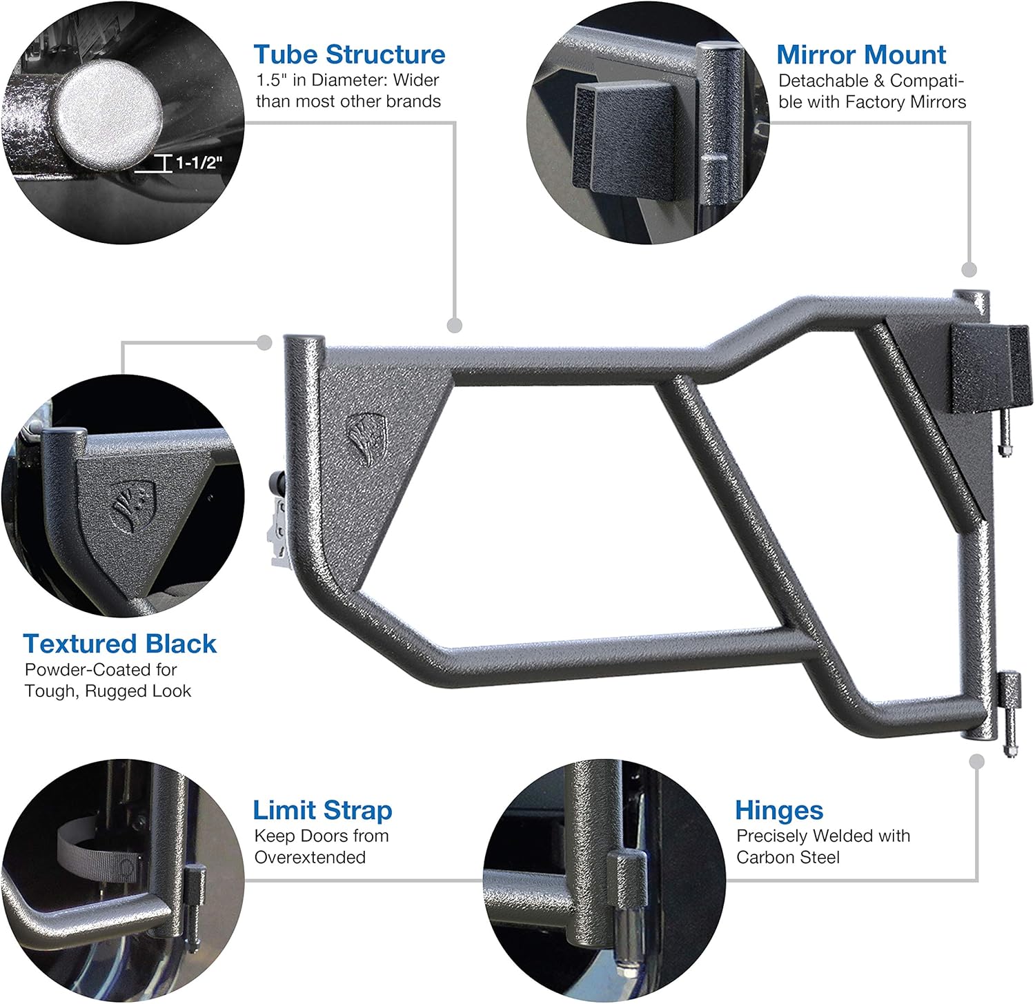 Tyger Auto TG-DR4J62288 Tubular Doors Compatible with 2007-2018 Jeep Wrangler JK (NOT JL) 4-Doors | Textured Black | Mirror Mount | Front & Rear Door Set