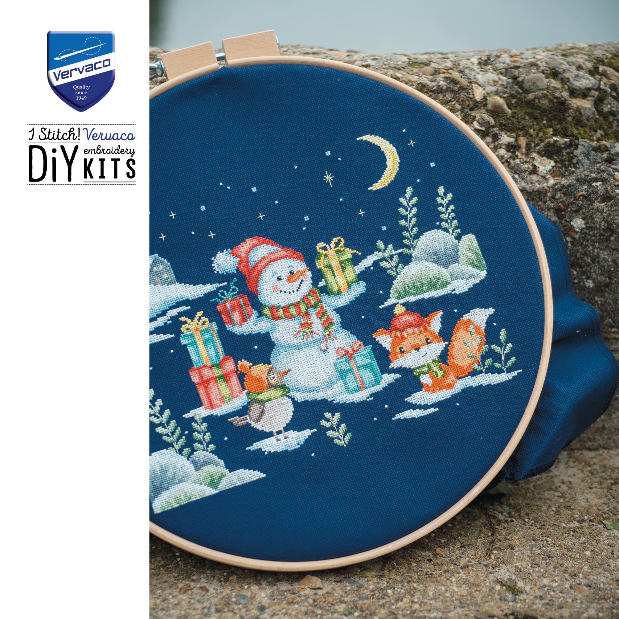 VERVACO Haft Krzyżykowy Liczony Zestaw Obraz do Haftu ZABAWA NA ŚNIEGU Zrób to Sam Zestaw Kreatywny dla Dorosłych ca. 27 x 21 cm Dekoracja Ścienna DIY Cross Stitch Kit