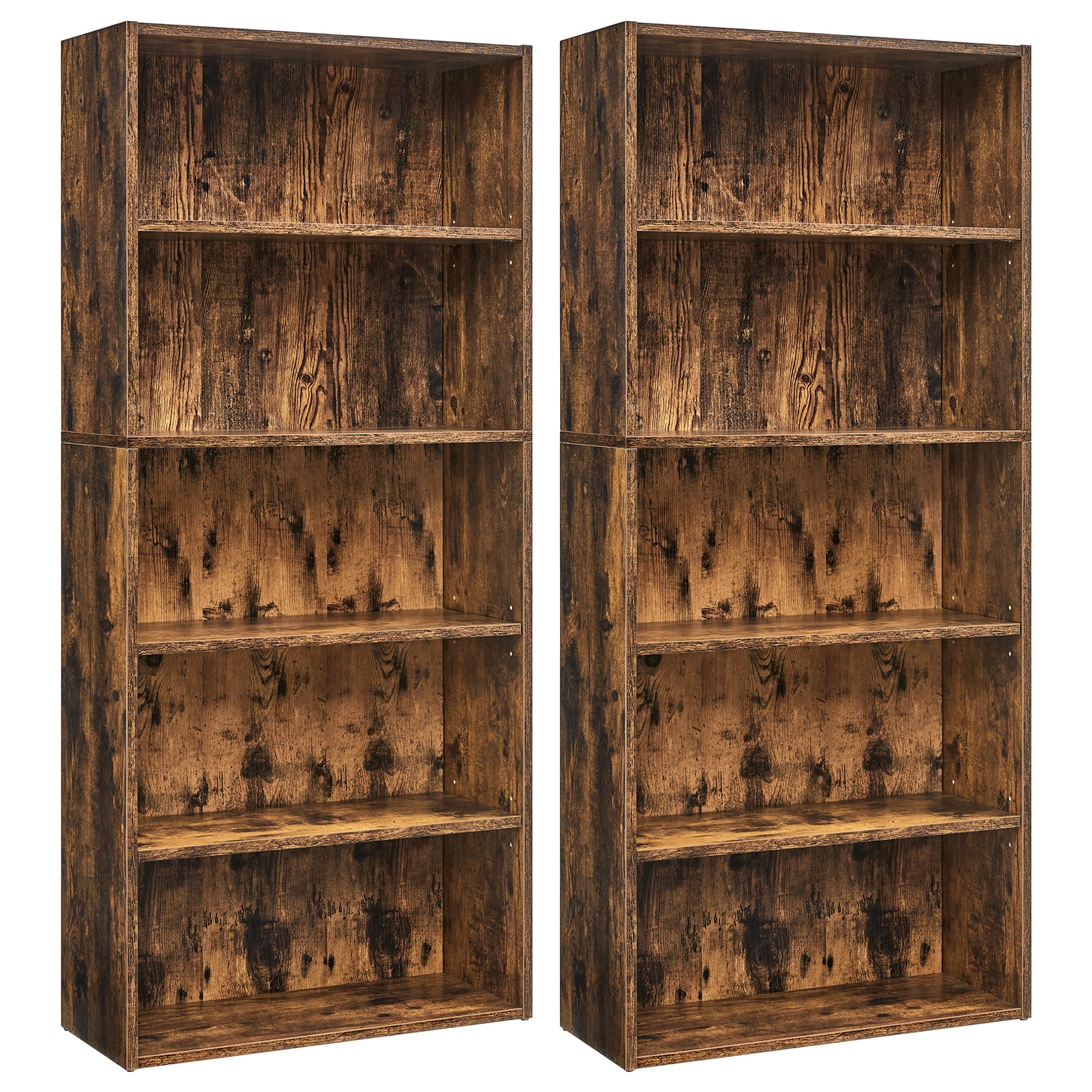 VASAGLE Set of 2 Bookshelves, 23.6 Inches Wide, 5-Tier Open Bookcases with Adjustable Storage Shelves, Floor Standing Units, Rustic Brown ULBC165X01-2