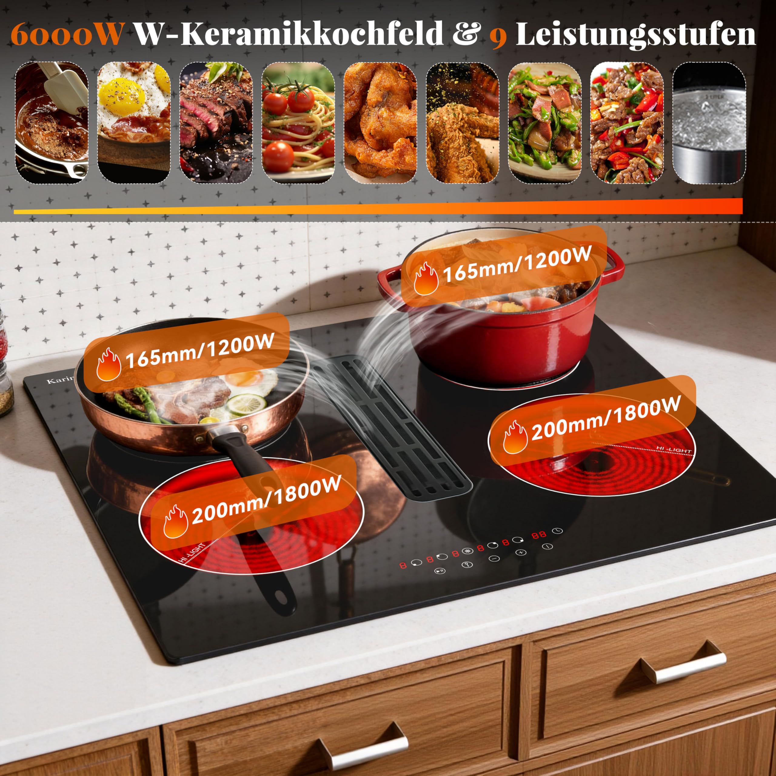 Karinear Kochfeld mit Dunstabzug 60 cm, 6000W, 4 Platten, Touch, Timer | 60 cm Kochfeld mit Dunstabzug, 6000W, Herdplatte 4 Kochfelder, Integrierter Abzug, Touch-Steuerung, Timer und Pause-Funktion.