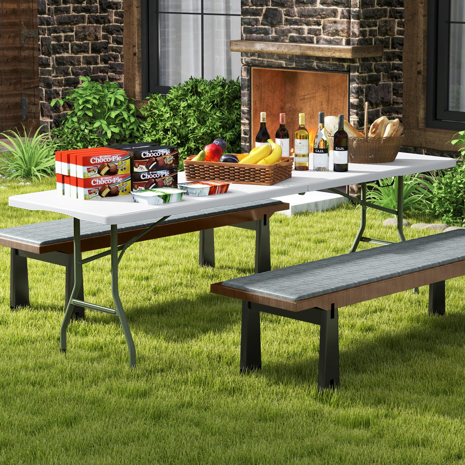 Tavolo Da Picnic Pieghevole KOMFOTTEU In HDPE E Metallo - Bianco, 245x74 Cm, Portatile E Resistente Fino A 160 Kg
