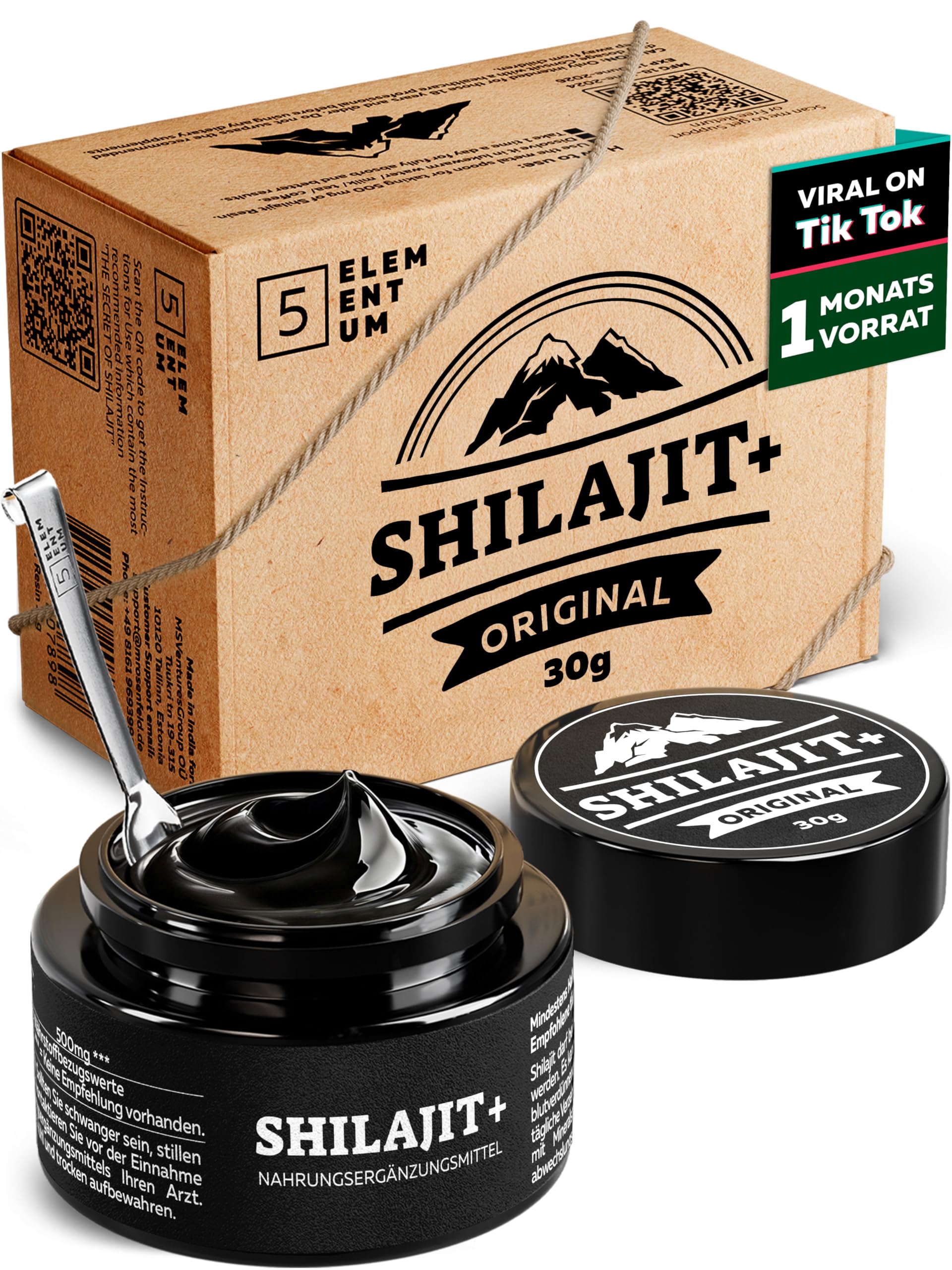 Original Shilajit Himalaya Harz gereinigt mit Triphala 30g – 87+ Mineralien, 82% Fulvinsäure, hochdosiert, 60 Tage sonnengetrocknet, traditionelle Handernte inkl. 500mg Dosierlöffel