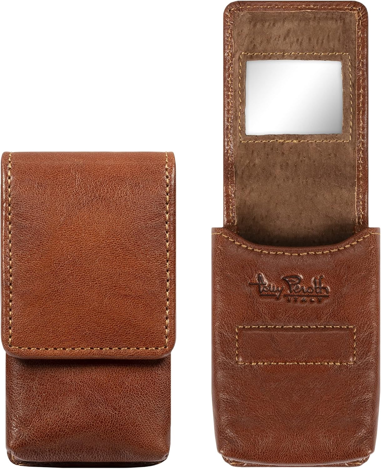 Tony Perotti Womens Italian Bull Leather Top Flap Double Lipstick Case with Mirror