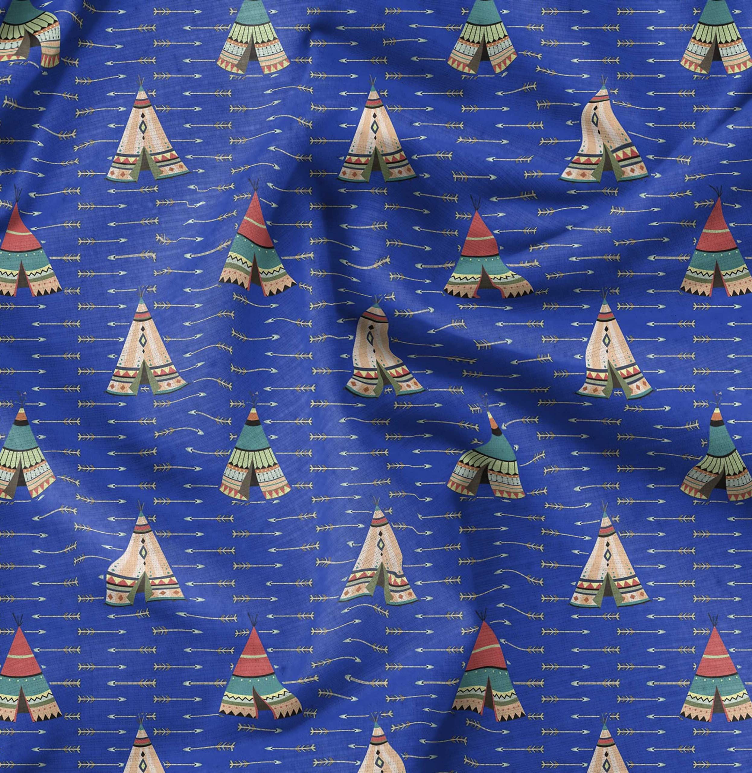 Soimoi Blue Rayon Fabric Tent & Arrow Tribal Printed Craft Fabric by The Meter 56 Inch Wide