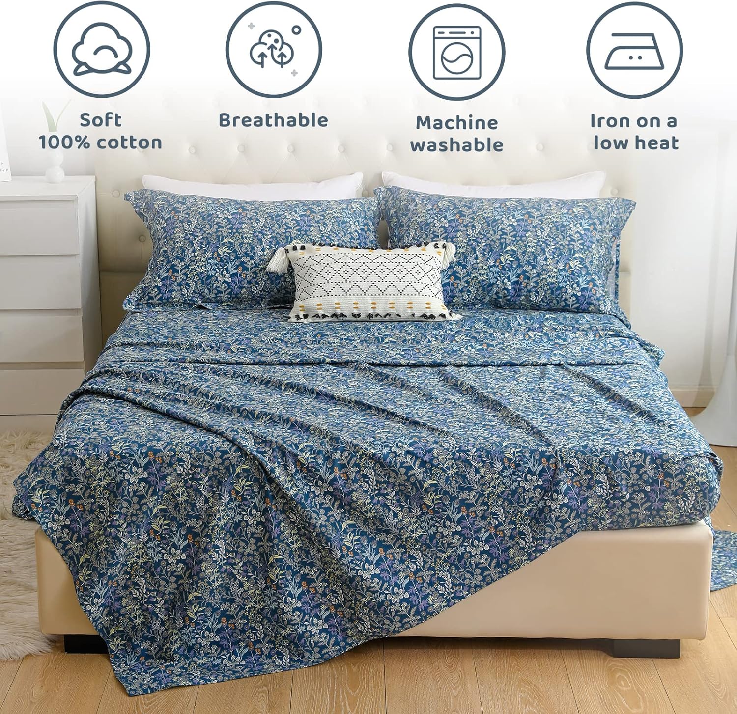 QSH 100% Cotton Sheets for King Size Bed - Blue Floral Plant Pattern Botanical Luxury Cotton Printed Floral Bedding King Size Sheet with Deep Pockets 17" Soft and Breathable 4pcs