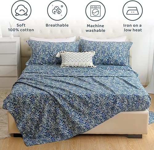 Miniatura 3 de QSH 100% Sábanas de algodón para cama tamaño Queen - Estampado floral azul de plantas patrón botánico lujoso de algodón estampado floral ropa de
