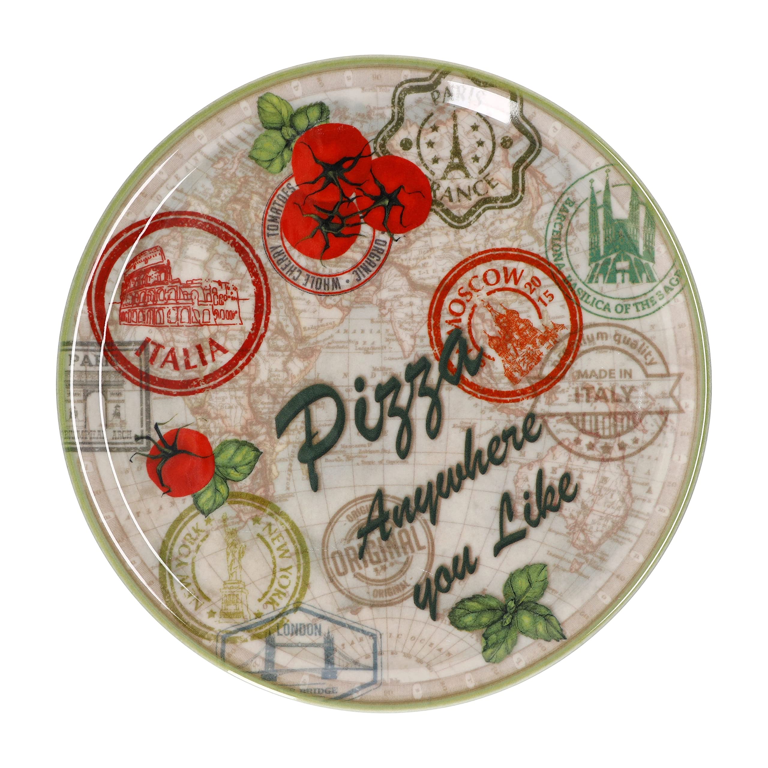MamboCat Zestaw 6 talerzy do pizzy Moskwa zielone I Ø 31,5 cm - duże I 6 osób I talerze z motywami i napisem I zdobione I do pizzy lub do przygotowywania I porcelana I talerz do serwowania