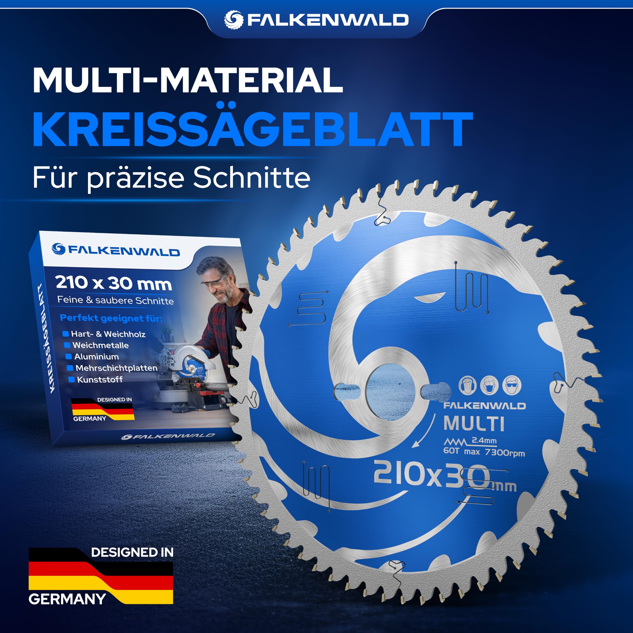 FALKENWALD ® Kreissägeblatt 210x30 mm - Ideal für Holz, Metall & Alu - Sägeblatt 210x30 kompatibel als Kappsägeblatt für Bosch & Makita - Multi Kappsägeblatt 210x30 - Sägeblatt 210