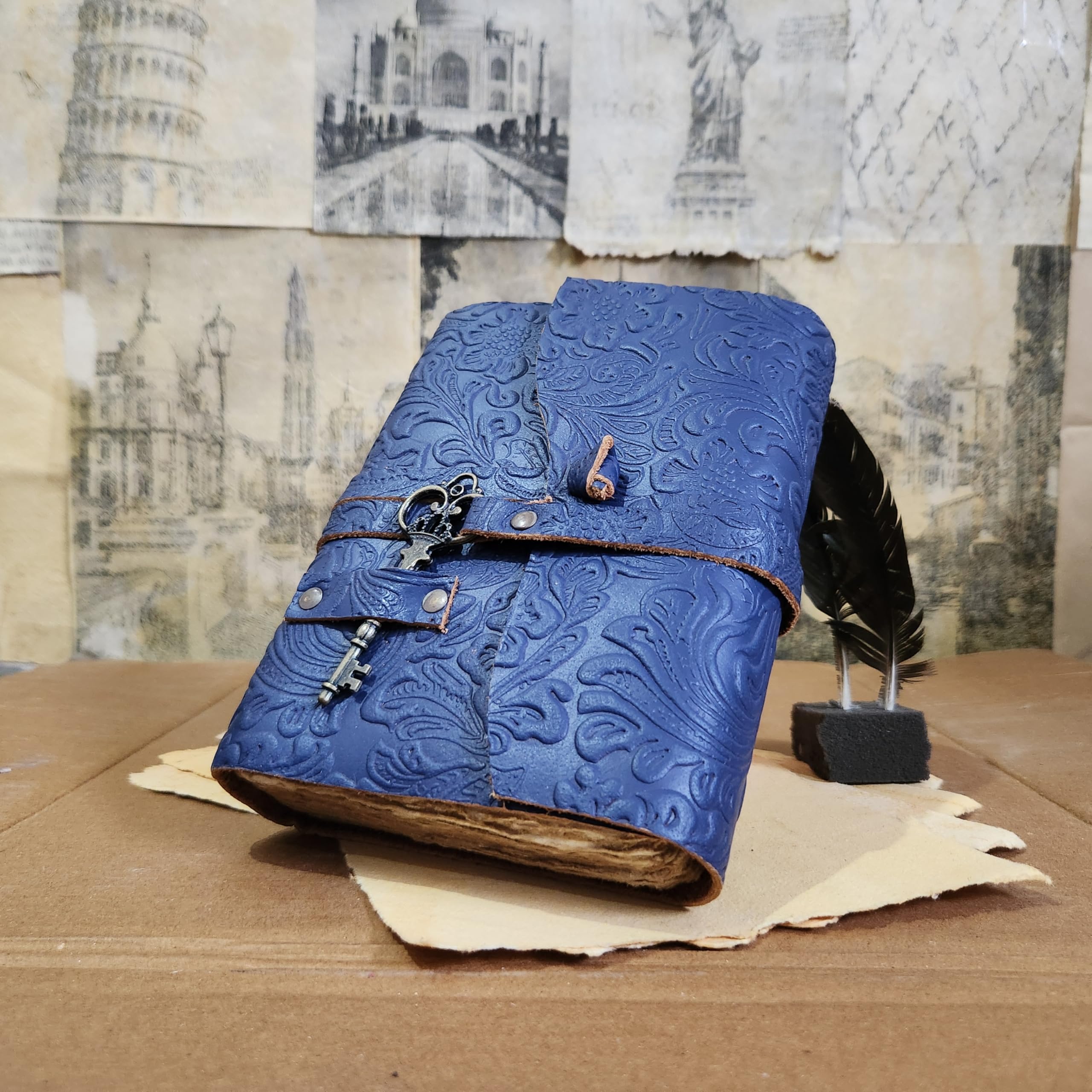 Finun-Lthr Vintage Key 8x6 Inch Leather Journal Sketchbook Notebook Guestbook Travel Journal for Women and Men 200 Vintage Deckle Page (Blue) - Image 3