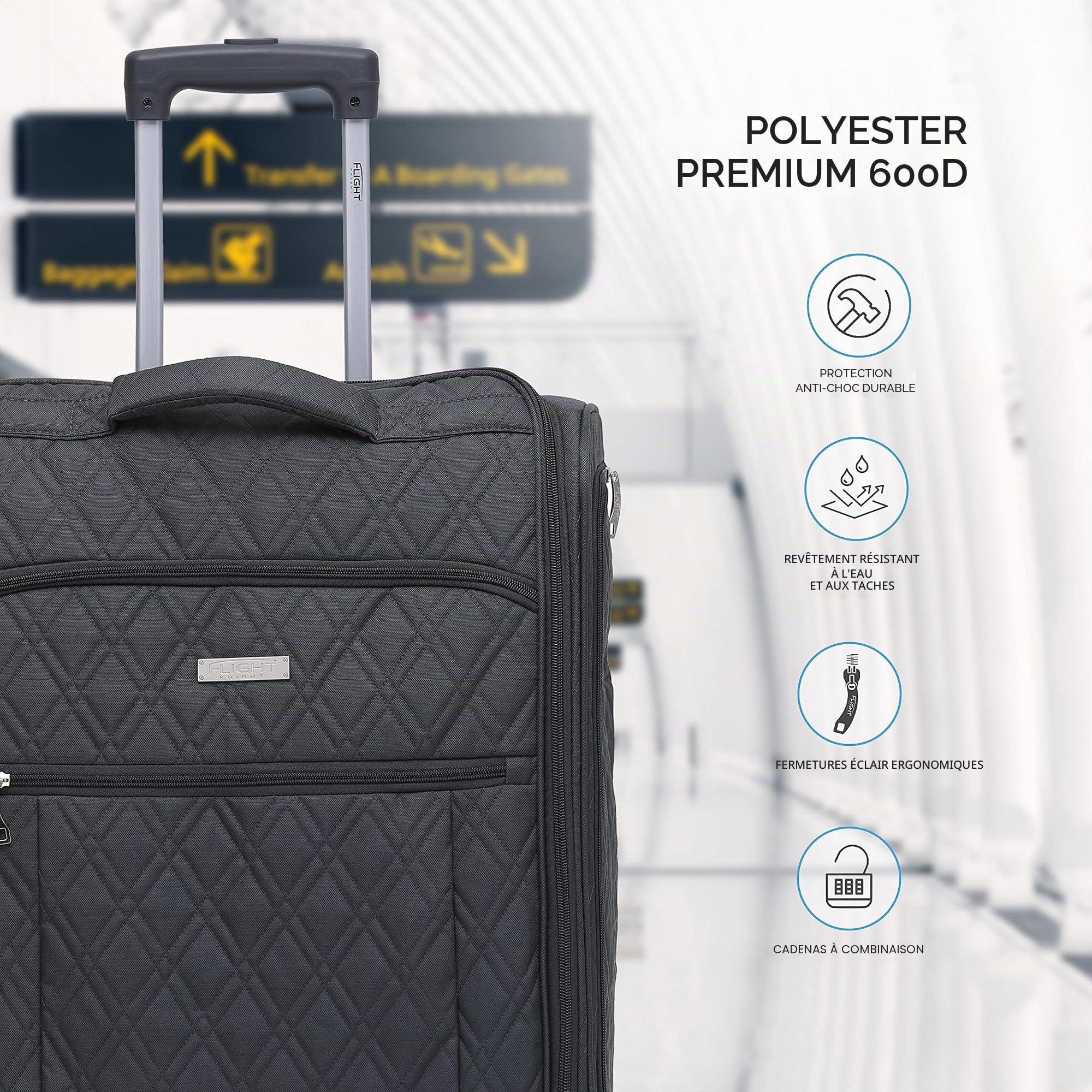 Flight Knight 56 x45x25cm easyJet & Air France Grand Bagage A Main Approuve Et Teste Taille Maximale - 2 Roues - Valise De Cabine en Textile Ultra Legere Et Durable