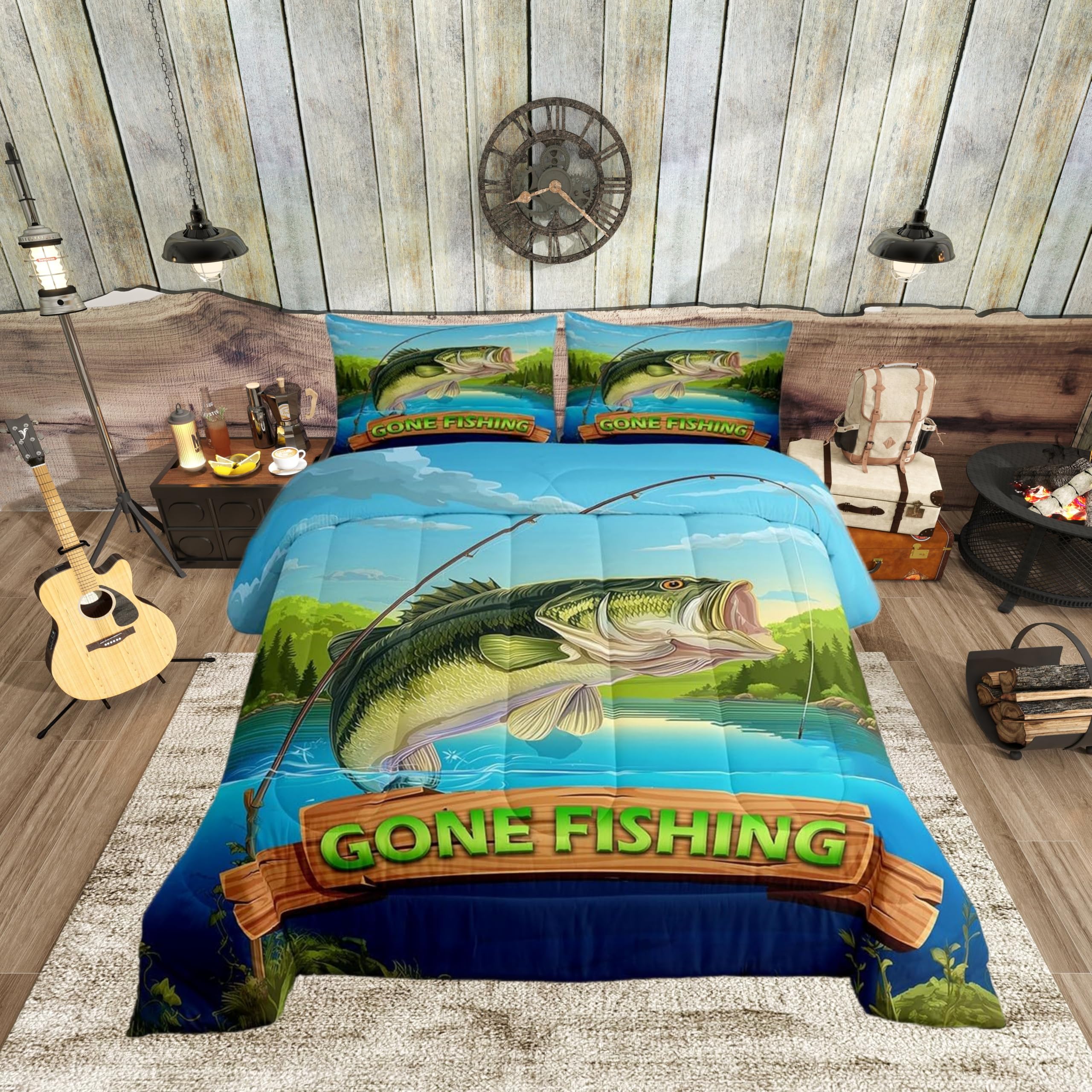 Lake Fishing King Size Comforter Set,Kids Bass Fish Decor All Season Bedding Set,Teens Fish Rod Comforter,Girls Hunting and Fishing Decor Quilt Set Bedroom Collection 3Pcs : Home & Kitchen