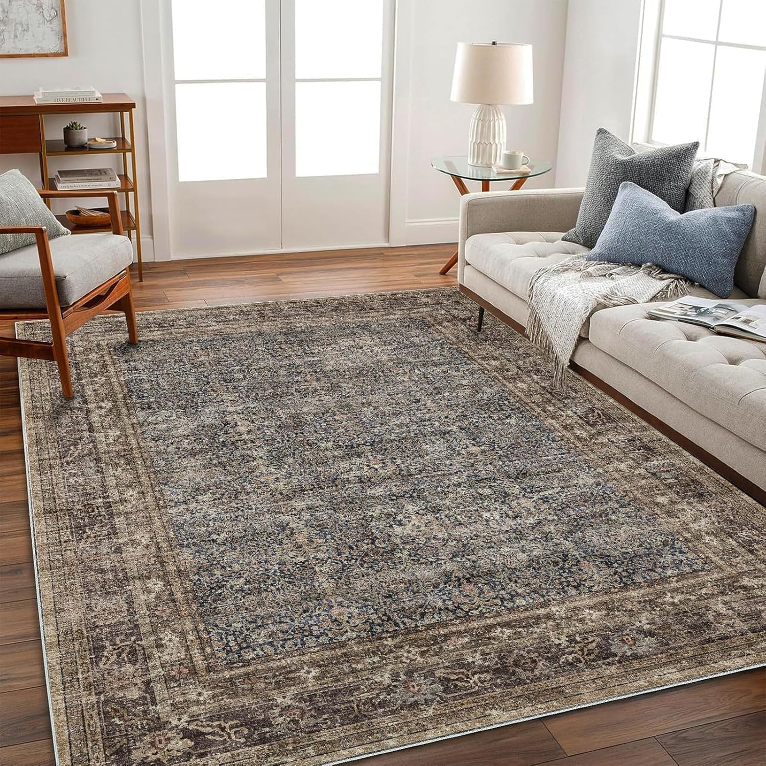 Teppich Wohnzimmer Große 150x180cm Teppich Kurzflor rutschfest Weich Waschbar für Schlafzimmer Küche Büro Vintage Traditionelles Grau