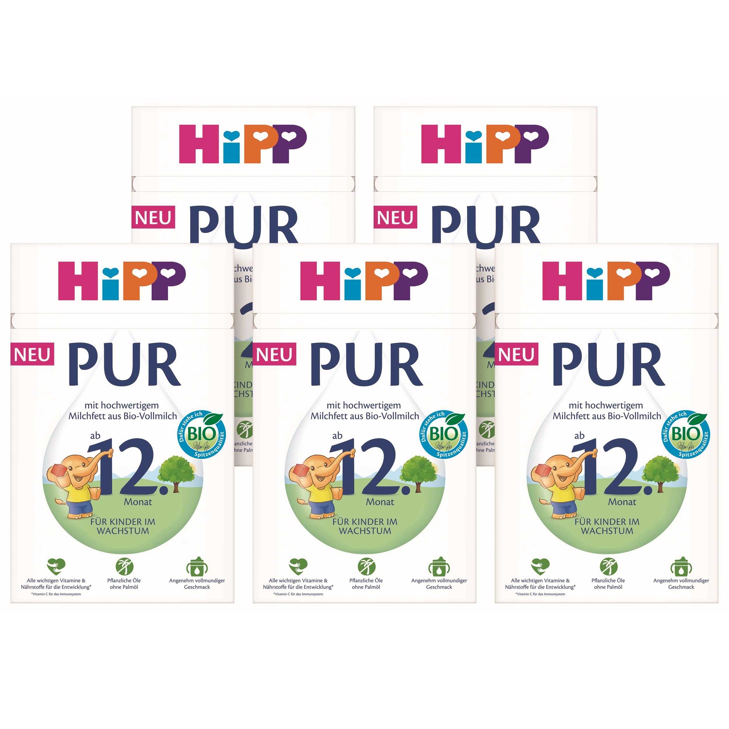 HiPP Kindermilch PUR 5 x 500g ab 12. Monat Bio-Vollmilch ohne Palmöl Vitamin C D Calcium Omega 3