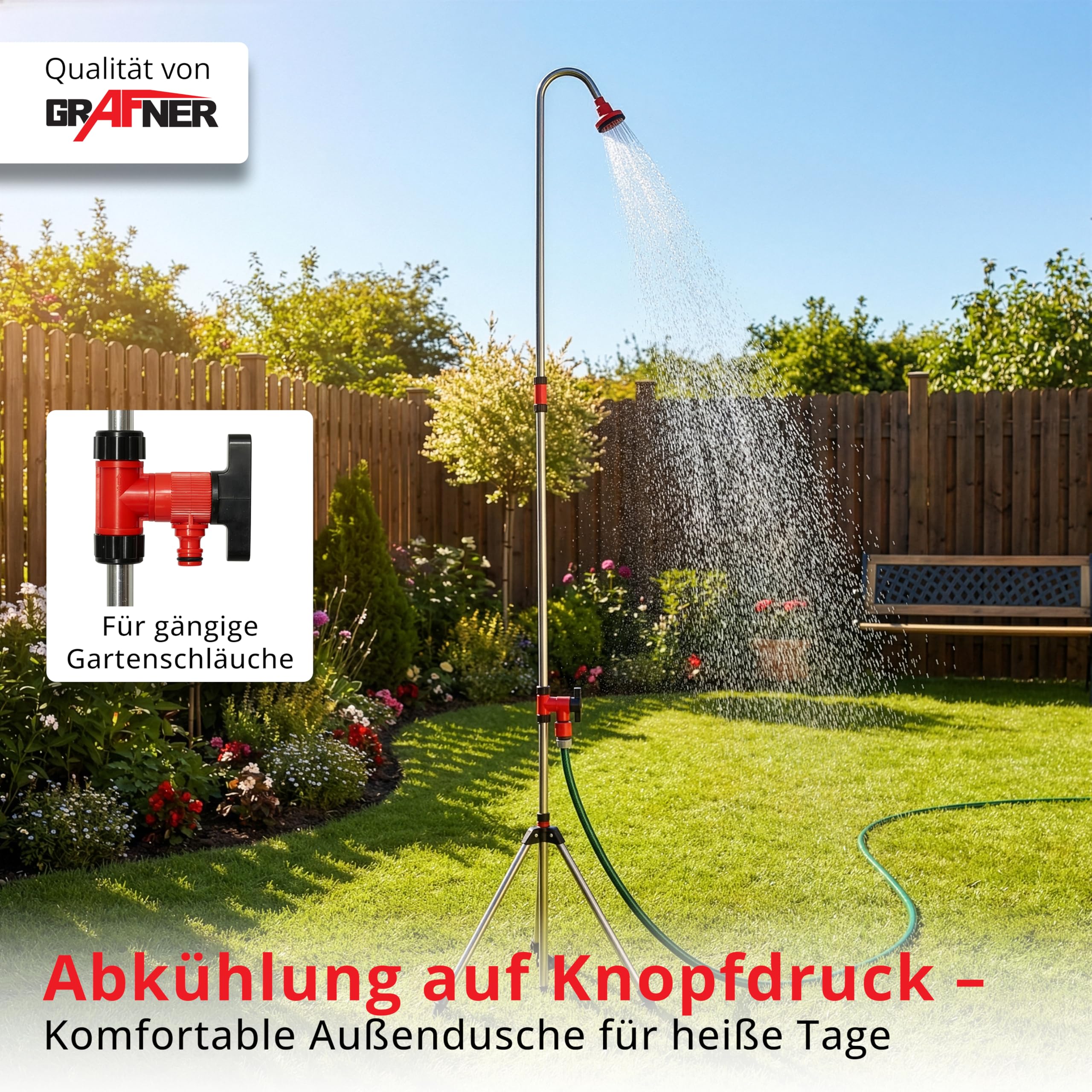 Grafner Aluminium Gartendusche mit Teleskopstativ, höhenverstellbar 172-275 cm, Duschstrahl stufenlos verstellbar, mit massiven Erdankern für optimal Stand, leicht & schnell aufgebaut, Campingdusche
