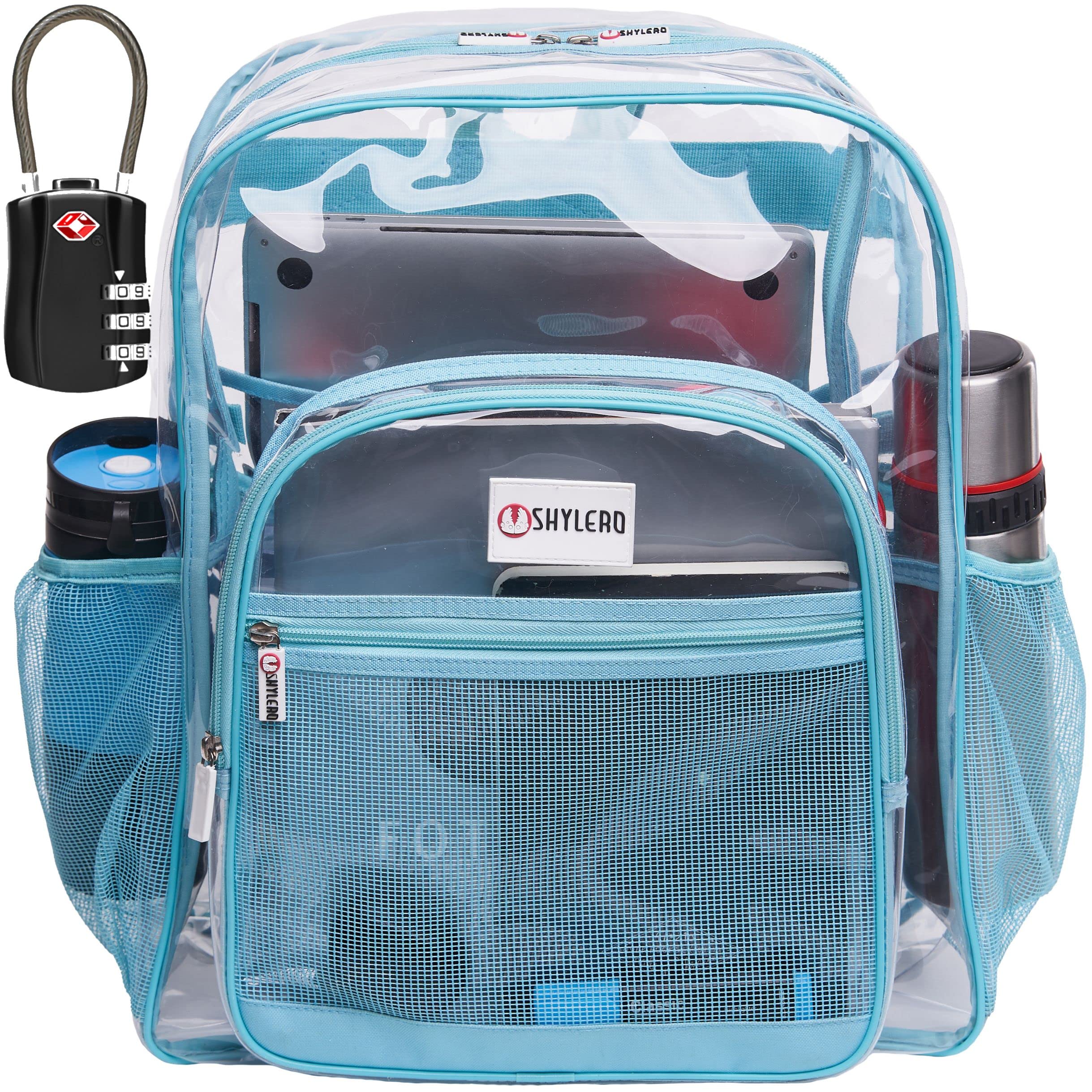 SHYLERO Clear Backpack Heavy Duty has TSA Lock, 2-WAY Zipper. PVC Transparent Backpack Is Extra Large - H18''xW14''xD8 - Turquoise