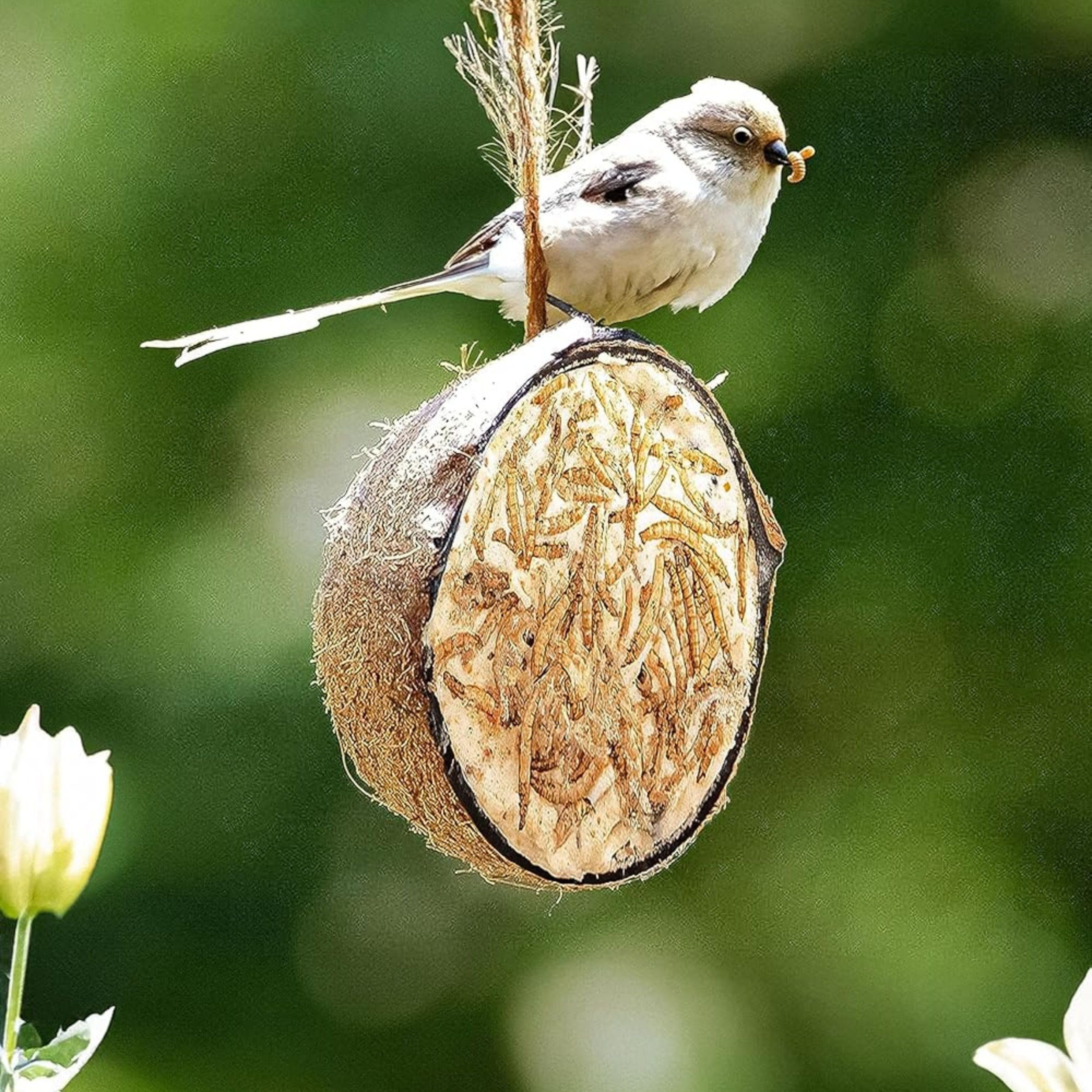 Blumixx Lot de 8 croquettes pour oiseaux en demi-noix de coco avec vers de farine – Nourriture riche en protéines pour oiseaux sauvages à suspendre toute l'année Convient pour oiseaux et écureuils