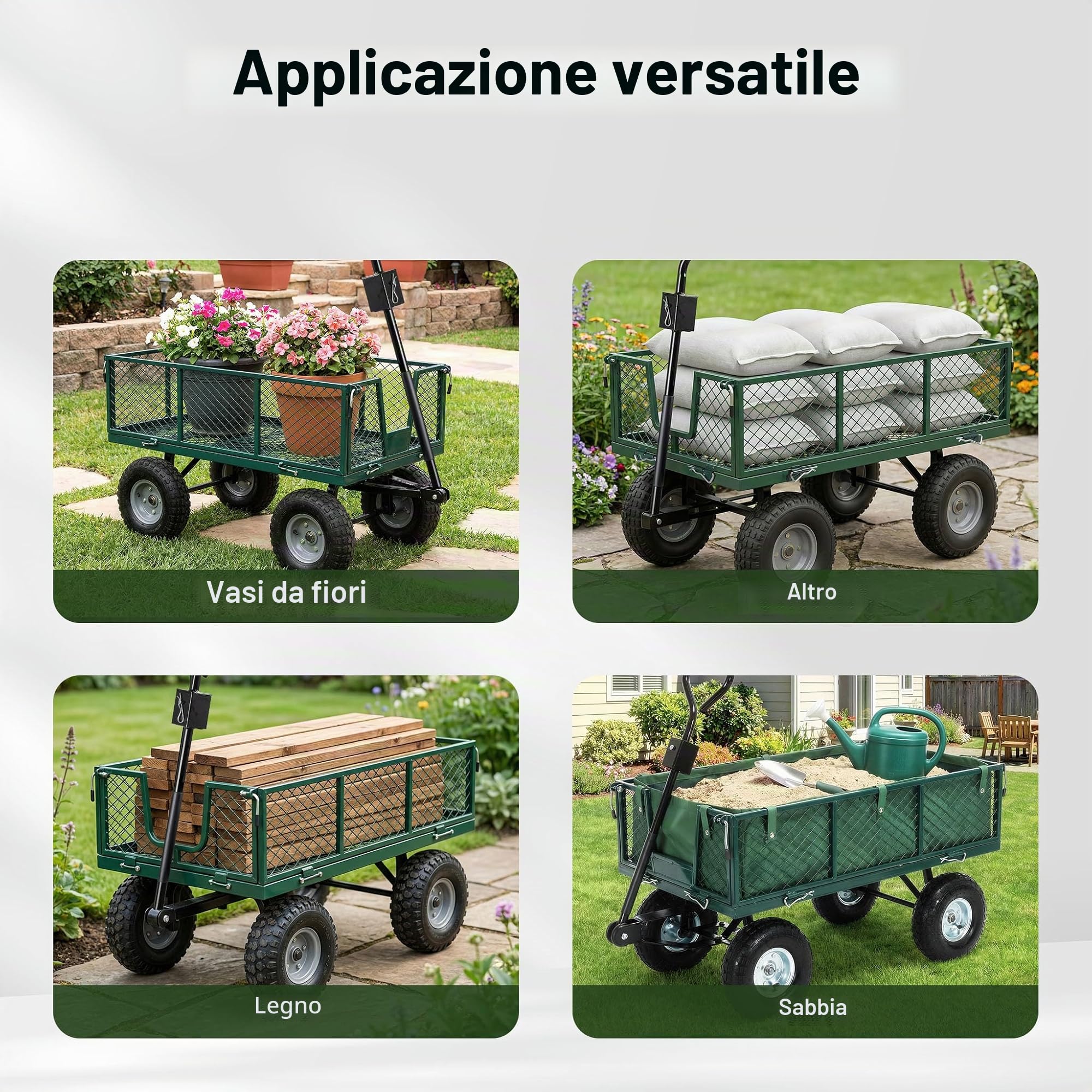 Wiltec Carrello da trasporto con sponde ribaltabili max 300 kg, incl.telone, per giardino campagna