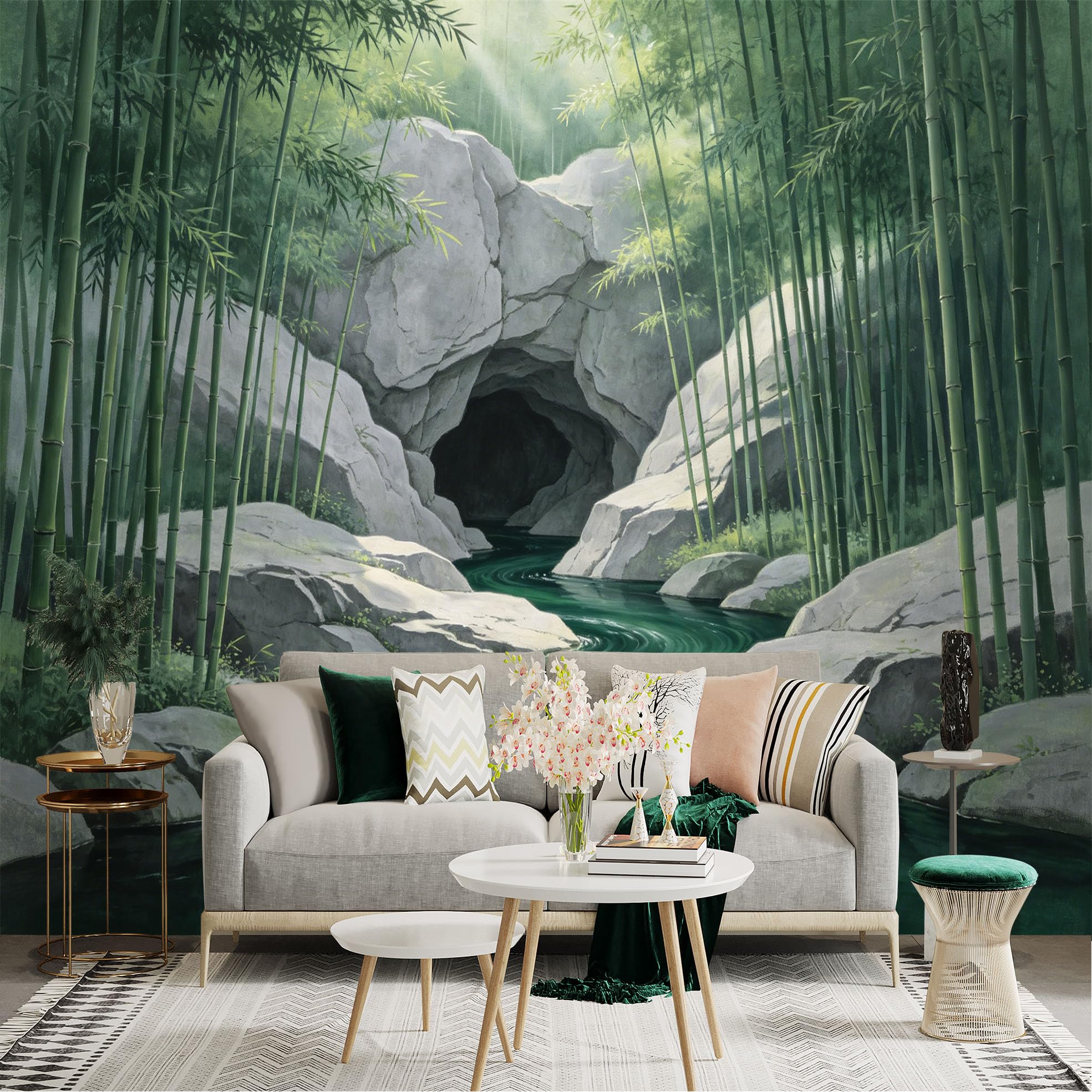 Lnzczhyre Dbh260521449 Custom Size Wall Sticker Mural， Serene Bamboo Forest， Rocky Cave， Flowing Stream， Nature Scenery， For Wall Decoration， Peelandstick Wall Decals.