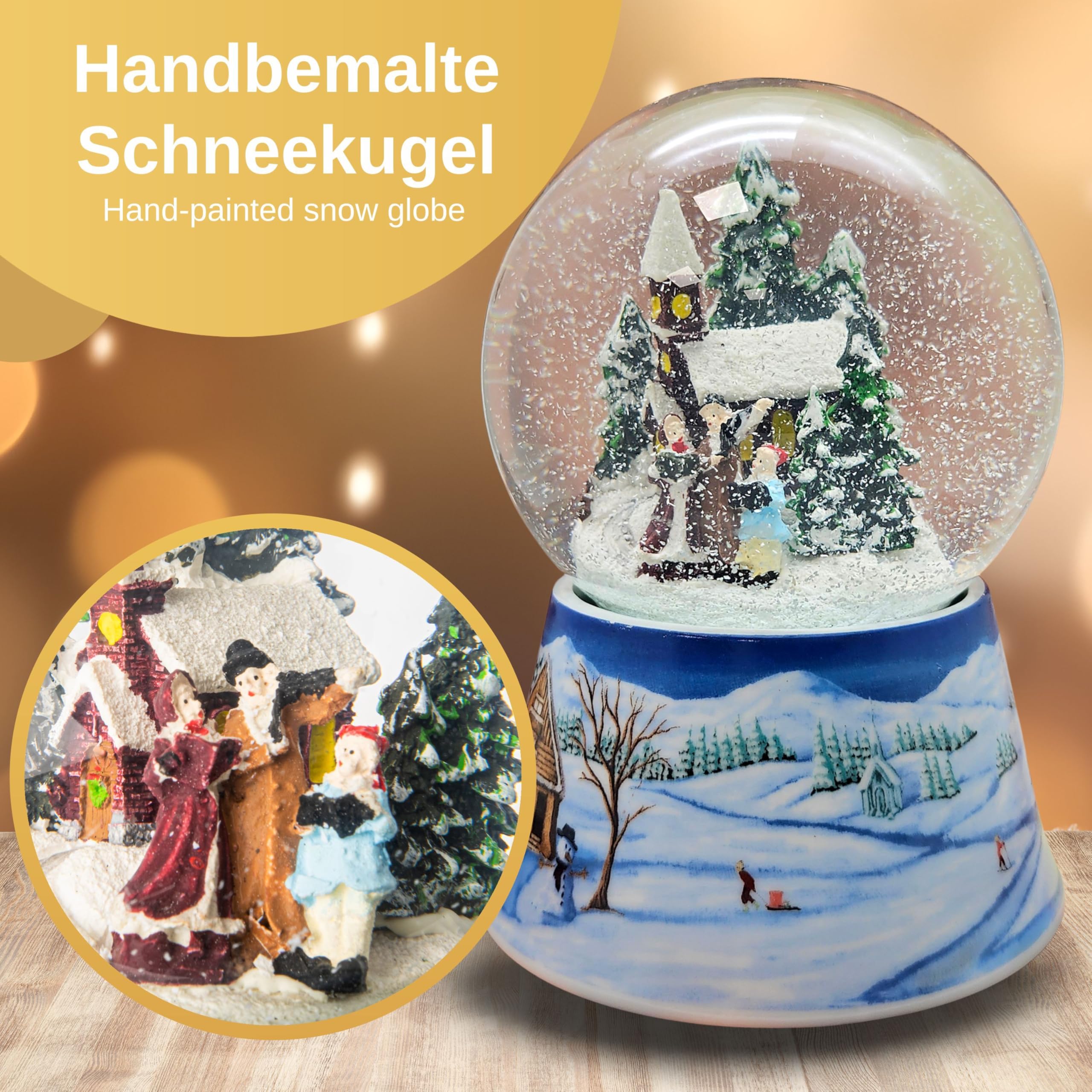 Schneekugel Weihnachtsspaziergang * auf Sockel nostalgische Winterlandschaft Mittelblau Weihnachten Winter mit Spieluhr - 100mm breit * 20099