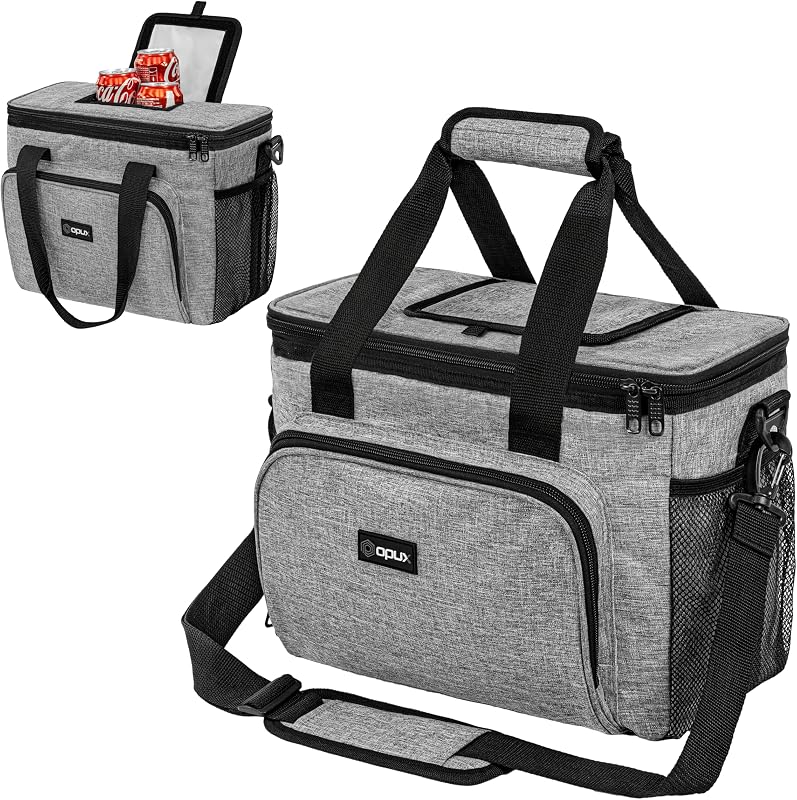 OPUX Bolsa térmica suave, bolsa térmica plegable con aislamiento para hombres, trabajo, camping, viajes en la playa, portátil, lado suave, a prueba de fugas, impermeable, bolsa de almuerzo grande con correa para el hombro, 30 latas, gris jaspeado