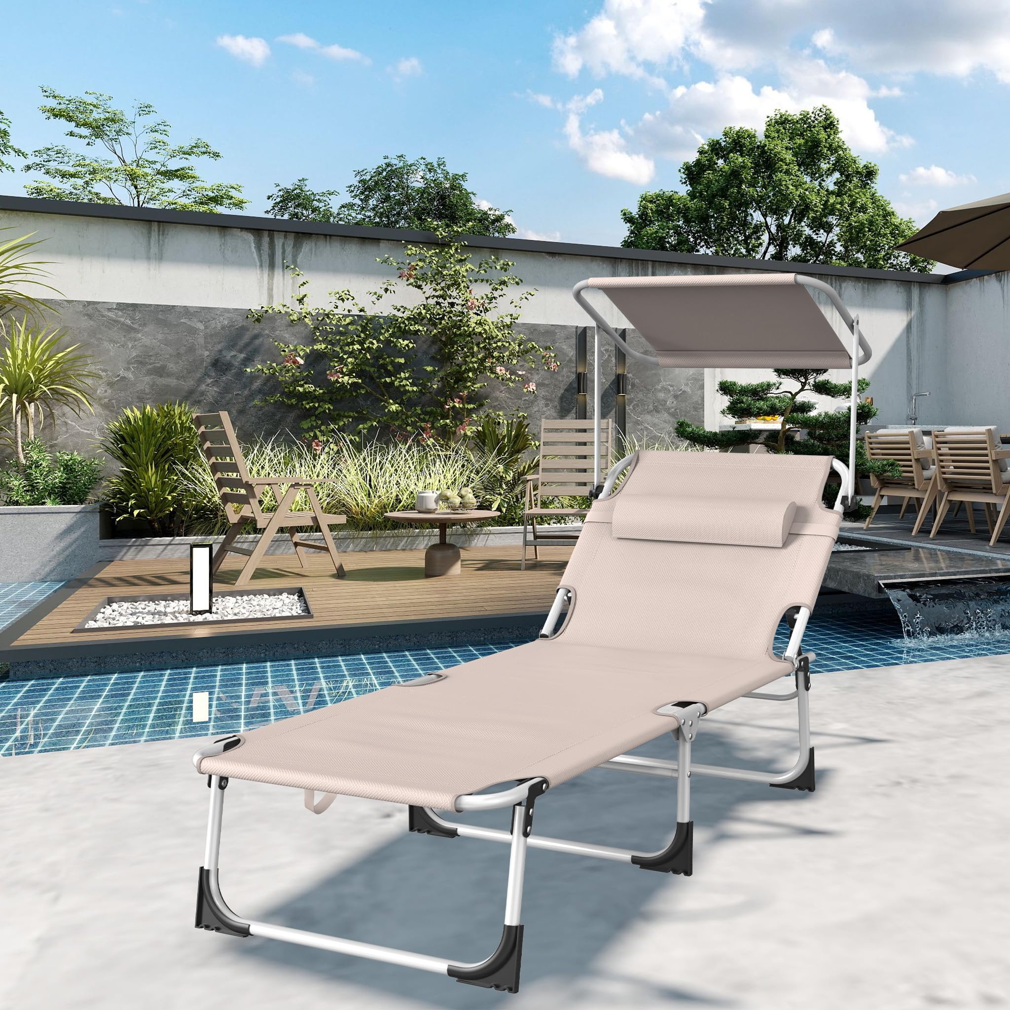 AufuN Sonnenliege Klappbar mit Dach und Seitentasche 195x68 cm Schwarz | Wetterfeste Gartenliege, stabile Strandliege, Sonnenschutz & verstellbare Rückenlehne, bis 100 kg, ideal für Terrasse Campin