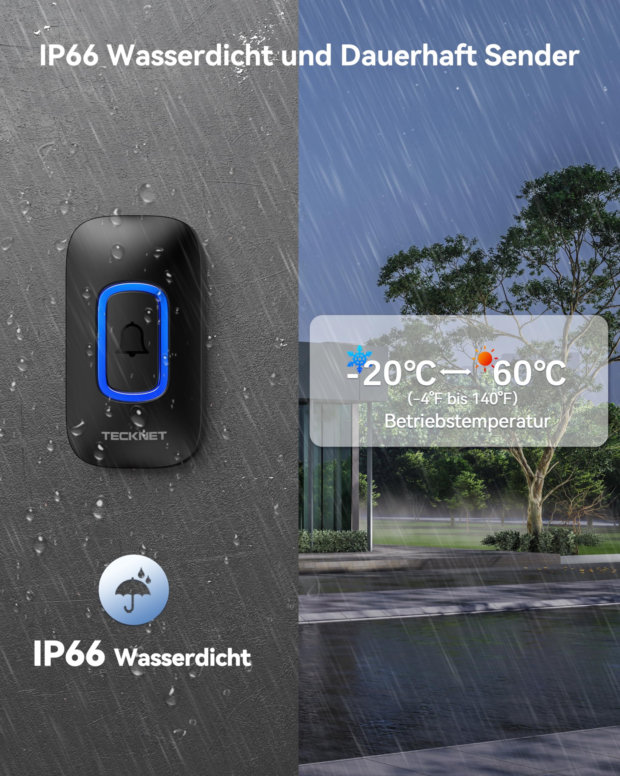 TECKNET Funkklingel, Funkklingel Aussen Wasserdicht 2 Empfänger Mit RGB Licht, 60 Melodien, IP66 Funk Klingel Set, 400m Kabellose Türklingel Batteriebetrieben Kit mit 4,5 Jahre Lebensdauer