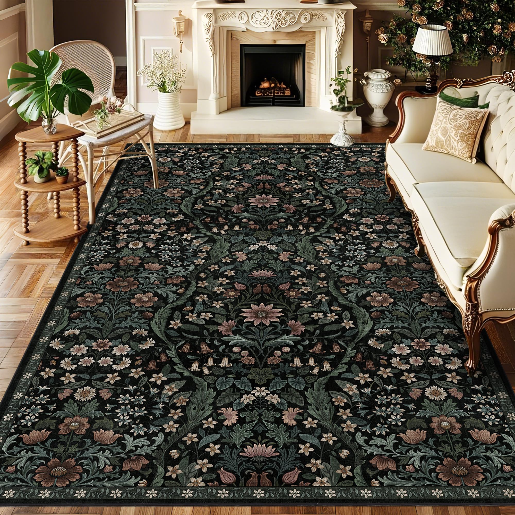 Floral Area Rug 5x8 Washable Botanical Carpet for Living Room