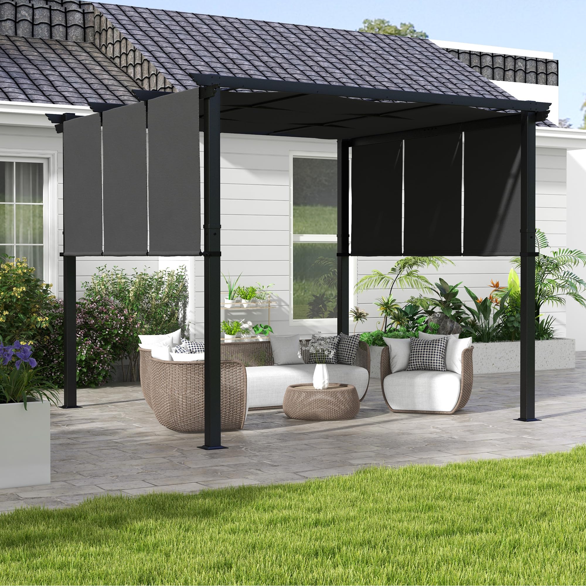 Outsunny Pergola avec 3 Toiles Coulissantes 3 x 3 x 2,38 m, Structure Acier Noir, Toile Polyester Haute Densité Gris Foncé