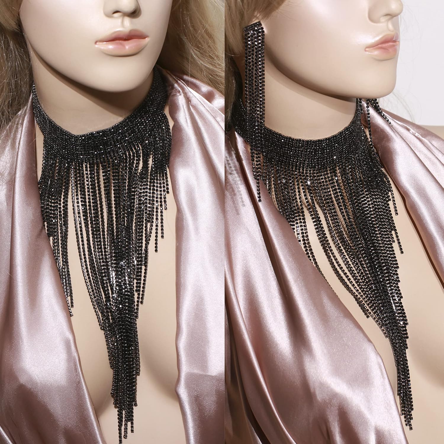 Flyonce Rhinestone Statement Necklace for Women, Tassel Bib Choker Collar Chunky Costume Jewelry for Party Formal - Image 2