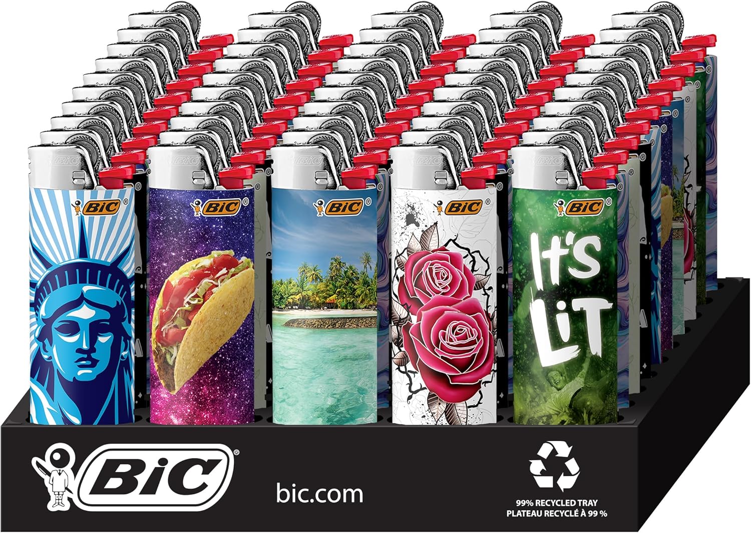 BIC Pocket Lighters Special Edition Favorites 50 Count Tray - Assorted Unique Designs, Up to 3,000 Lights Each