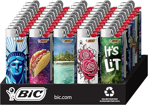 BIC Pocket Lighter ، مجموعة المفضلة للإصدار الخاص ، تصميمات أخف فريدة متنوعة ، 50 Count Tray of Lighters