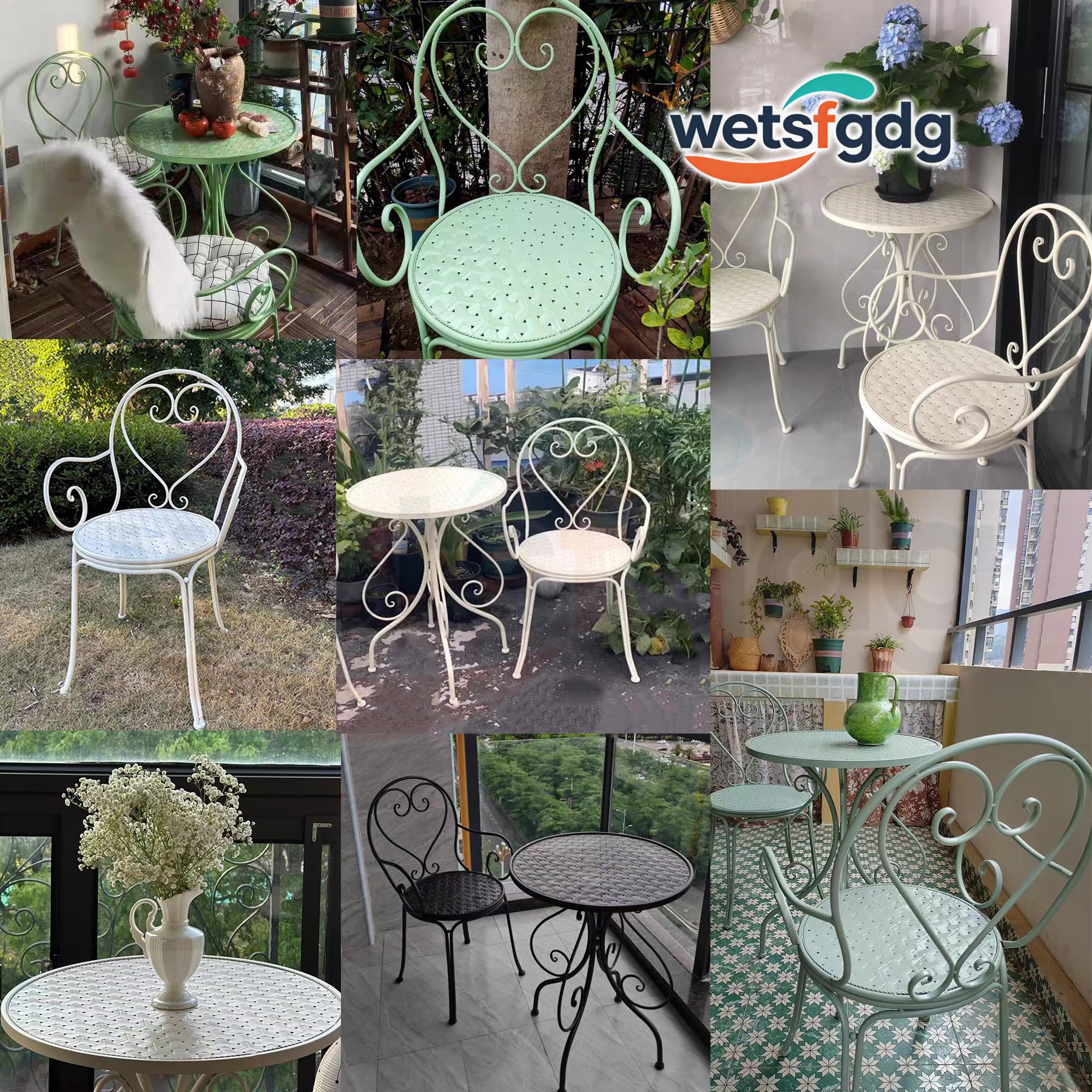 Set Tavolo e Sedie da Giardino,Set Bistrot per 2 Persone,Impilabili e Smontabili,Design Country Vintage, Montaggio con 4 Dadi, Per Giardino, Balcone e Campeggio(Bianco)